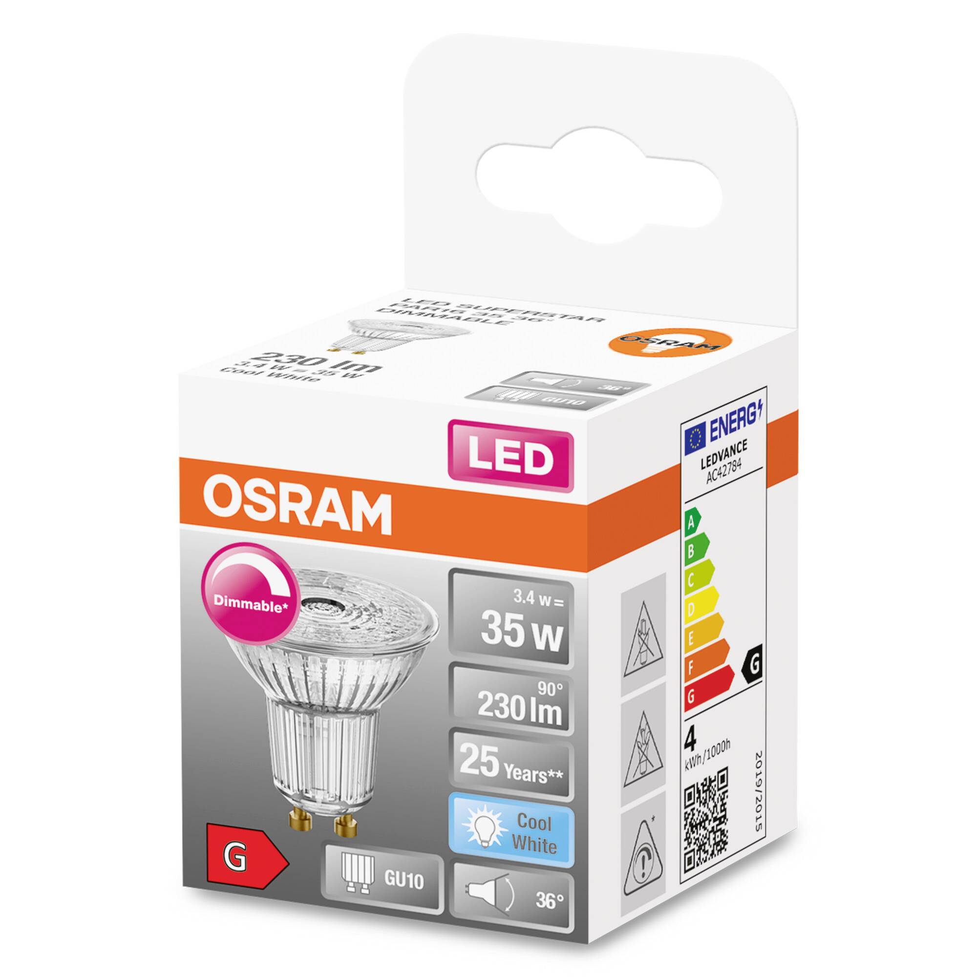 OSRAM LED-lamp in verpakking, 230 lm, dimbaar, 3,4W, vervangt 35W, lichtkleur 'Cool White', energieklasse G, levensduur 25 jaar.
