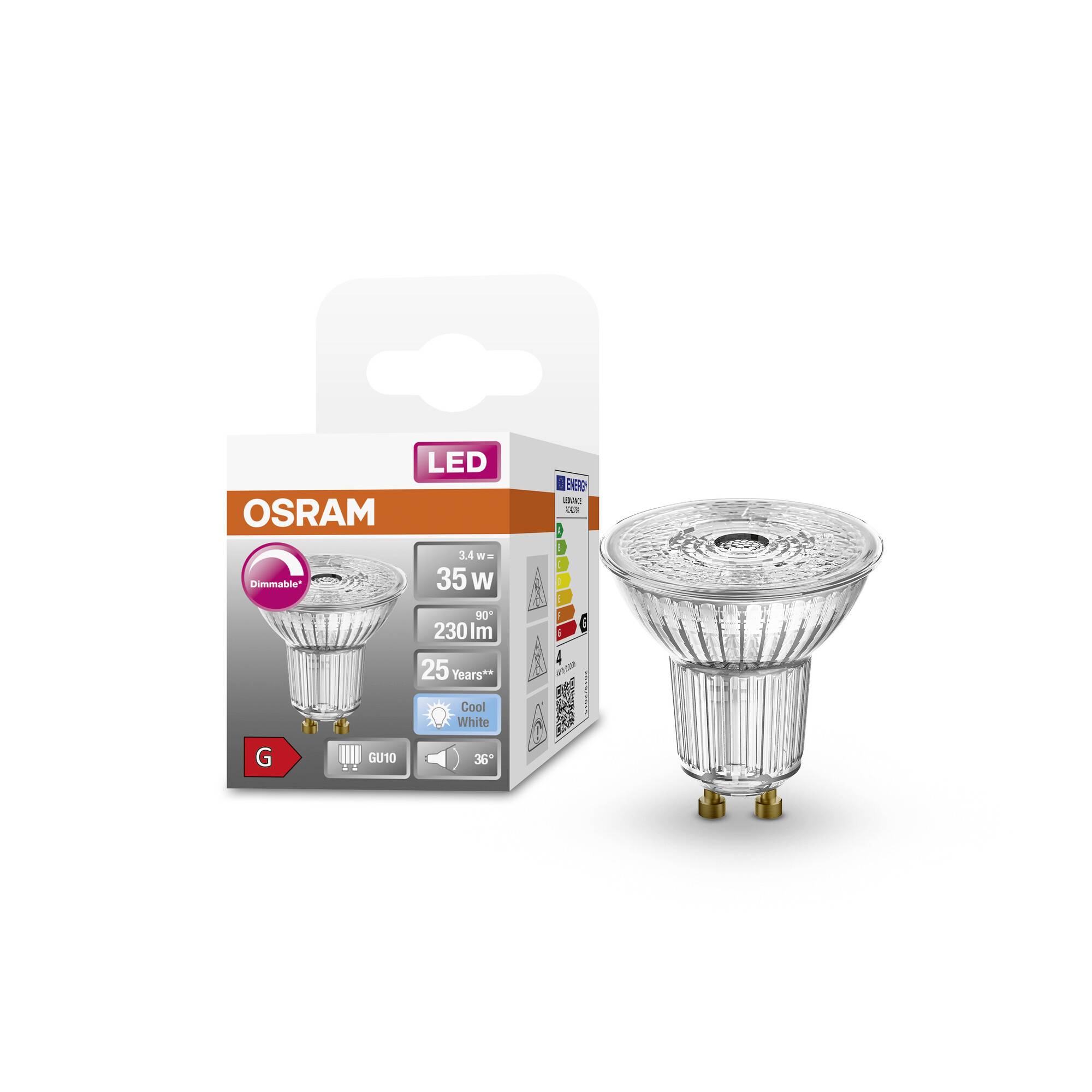 Osram LED-lamp naast verpakking, 35 W, 230 lm, GU10-fitting, Energieklasse 'G'.