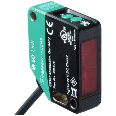 Een optische sensor van Pepperl+Fuchs met IO-Link-functionaliteit. Behuizing voorzien van details over de spanning en modelnummer.