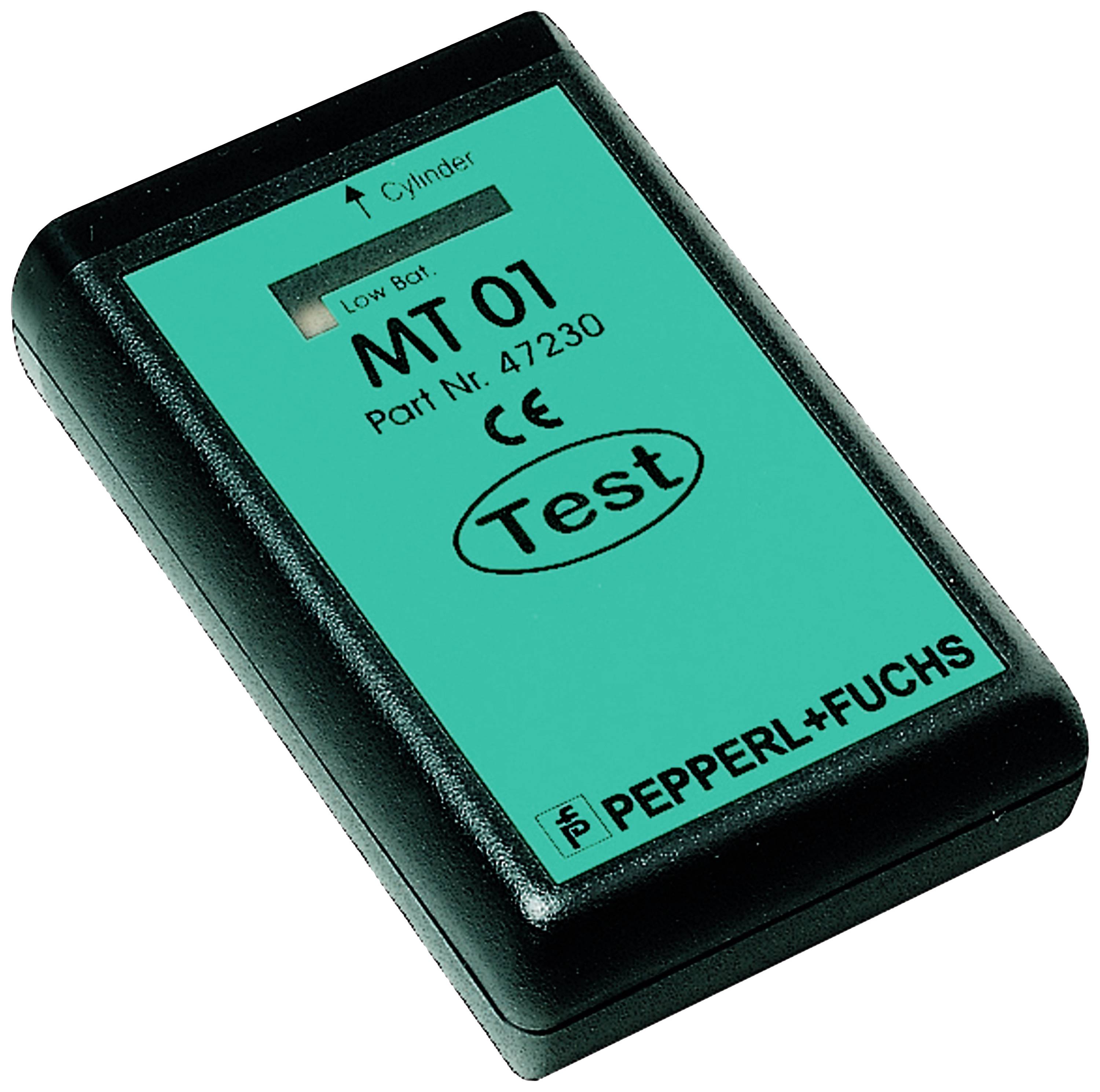 Een rechthoekig, groen apparaat met het opschrift 'MT 01, Part Nr. 47230, Test'. Bovenaan staat 'Low Bat', eronder bevindt zich een CE-markering.