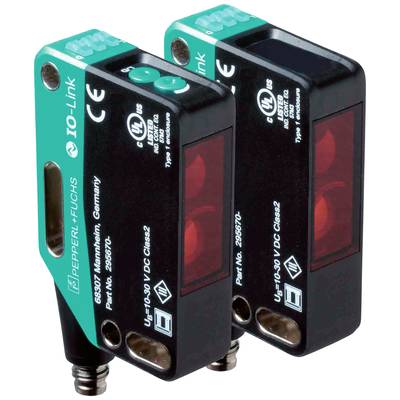 Twee optische sensoren van Pepperl+Fuchs, model IO-Link, met een zwart behuizing en groene, rechthoekige bovenkanten, naast elkaar geplaatst.