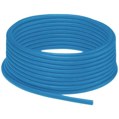 Een opgerolde, blauwe PVC-slang, geschikt voor gebruik in tuinen of voor watertransport.