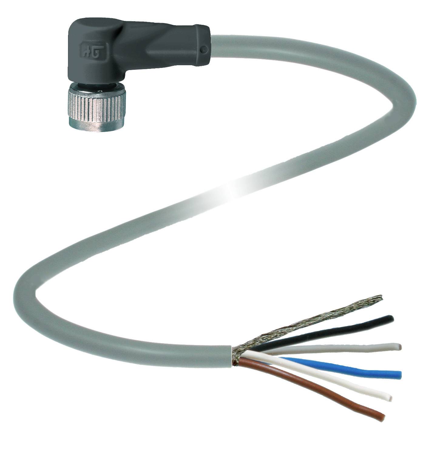 Grijs, gewonden kabel met zwarte haakse stekker en zilveren schroefverbinding; zes blootliggende aders: bruin, wit, blauw, zwart, grijs, koper.