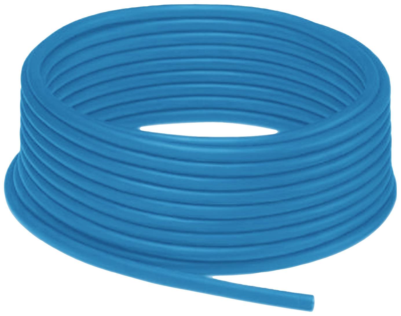 Een blauw kabel is opgerold en ligt in een spiraalvormige vorm. Hij is glad en gelijkmatig gewikkeld.