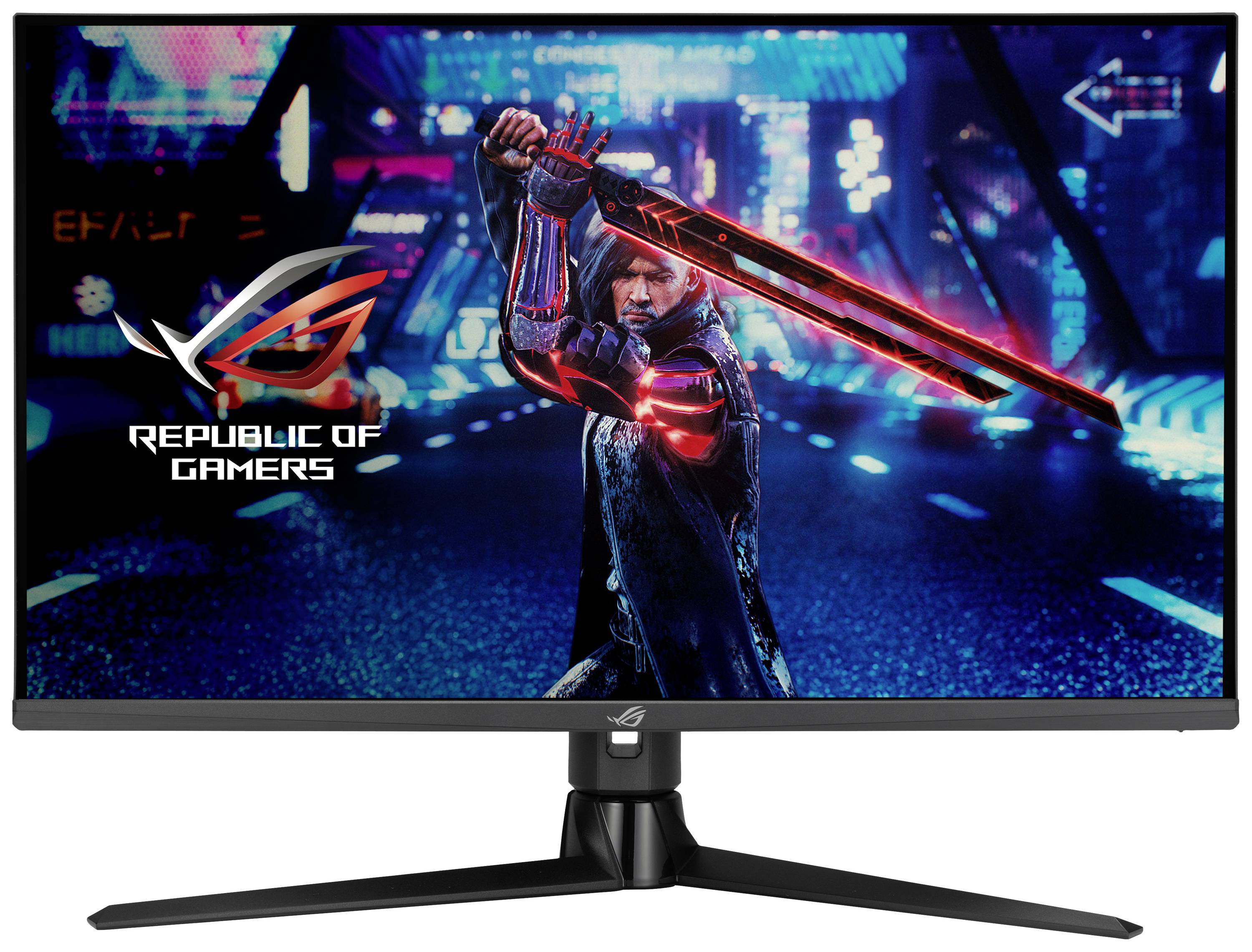 Een monitor toont een futuristische stad bij nacht met een figuur die een oplichtend zwaard vasthoudt. Op het scherm staat 'Republic of Gamers'.