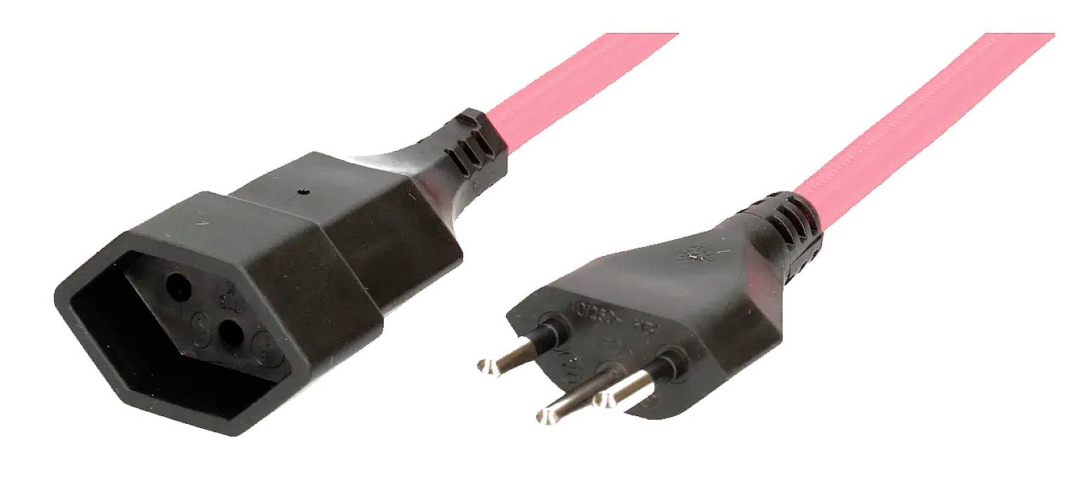 Rood netwerkkabel met twee aansluitingen: links een IEC-stekker, rechts een Europese stekker. Geschikt voor elektrische aansluitingen.