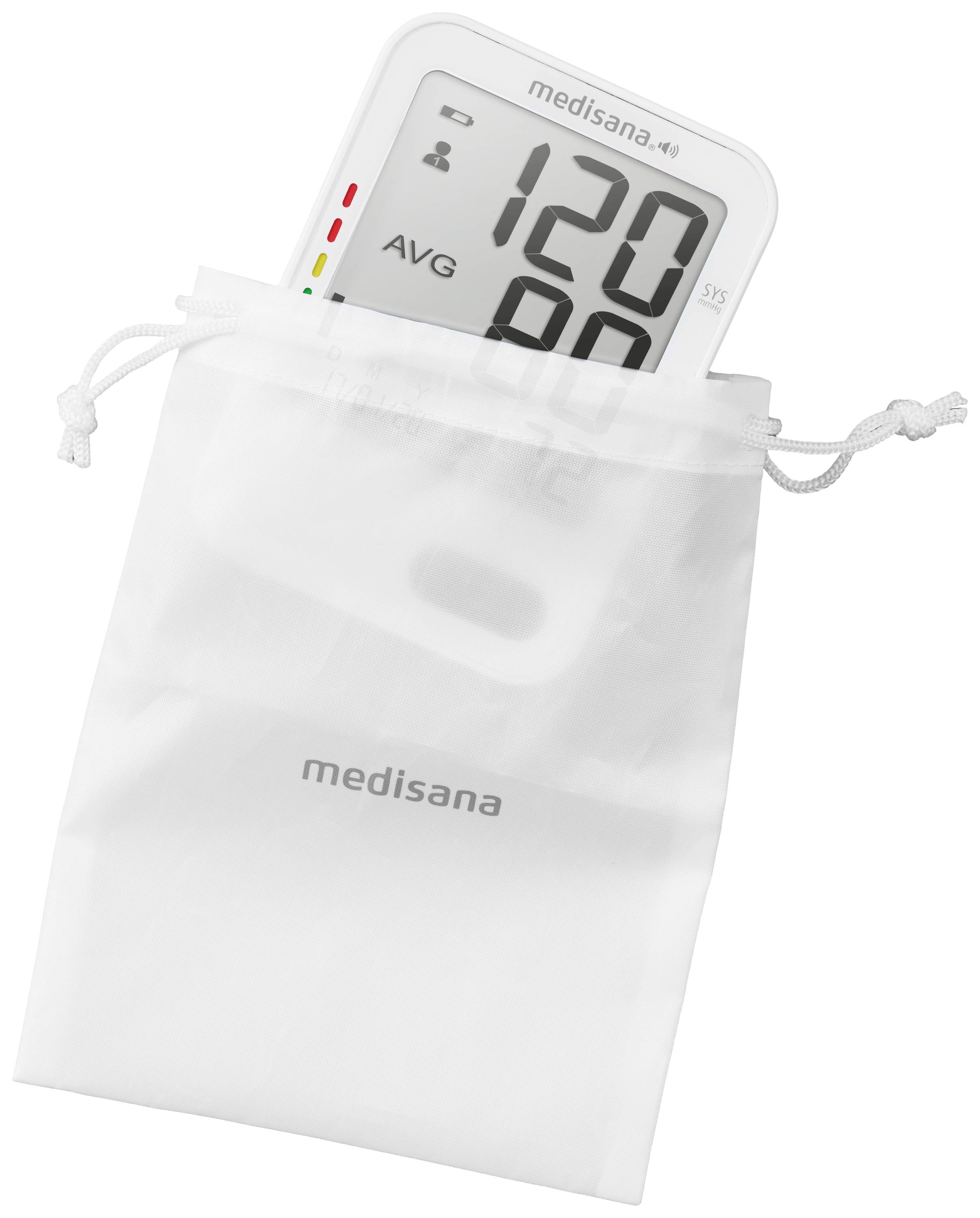 Een digitaal bloeddrukmeetsysteem wordt gedeeltelijk zichtbaar in een witte stoffen tas, waarbij op het display '120/80' staat.