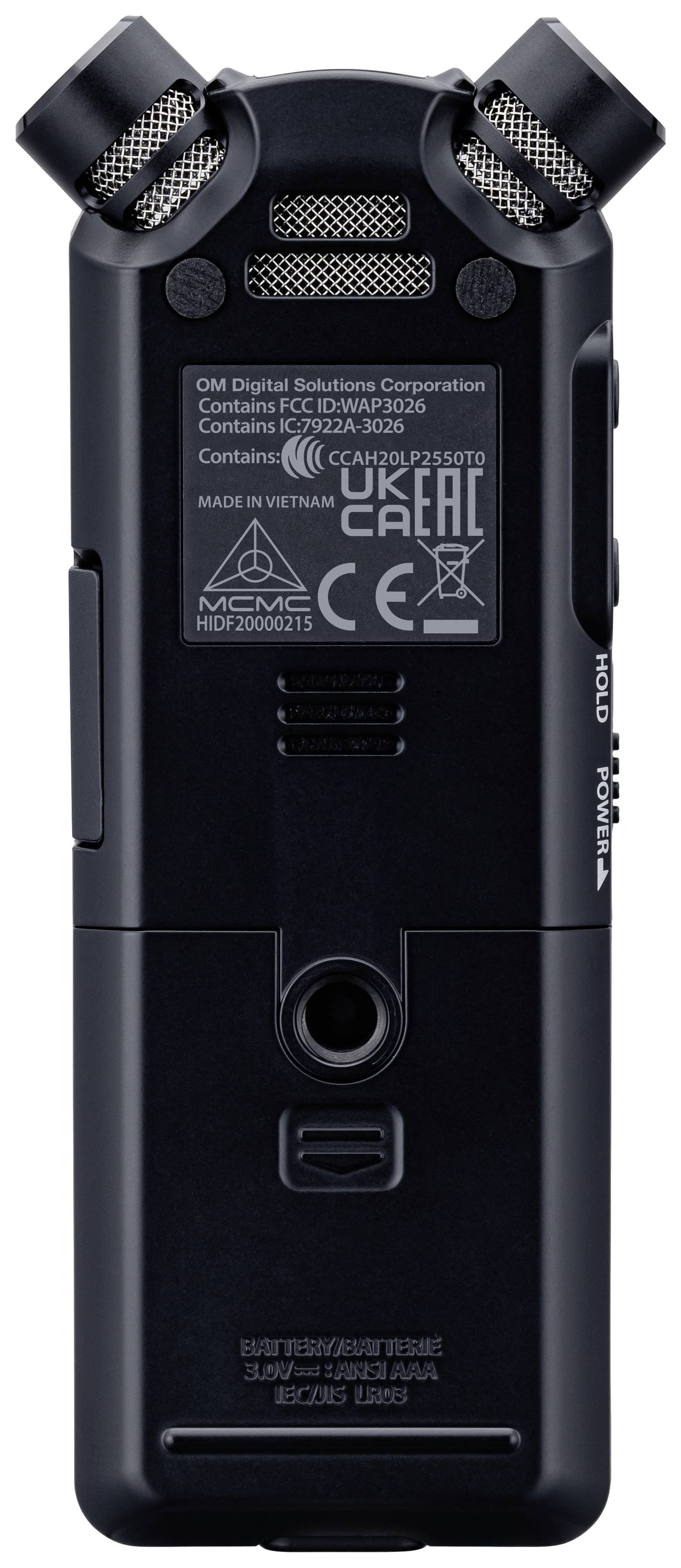 Draagbare audiorecorder in het zwart, achterkant zichtbaar met technische informatie en bedieningselementen, twee microfoons bovenaan.