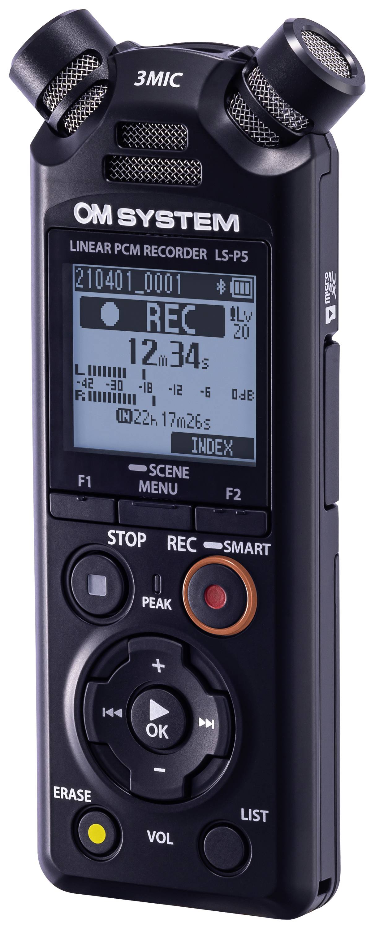 Een draagbare audiorecorder met meerdere knoppen en een display. Op het display zijn opname-informatie en instellingen zichtbaar.