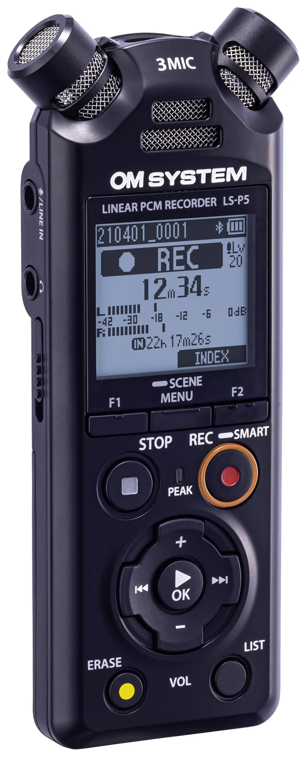 Een draagbare digitale audiorecorder met microfoon. Het scherm toont opname- en batterijstatus.