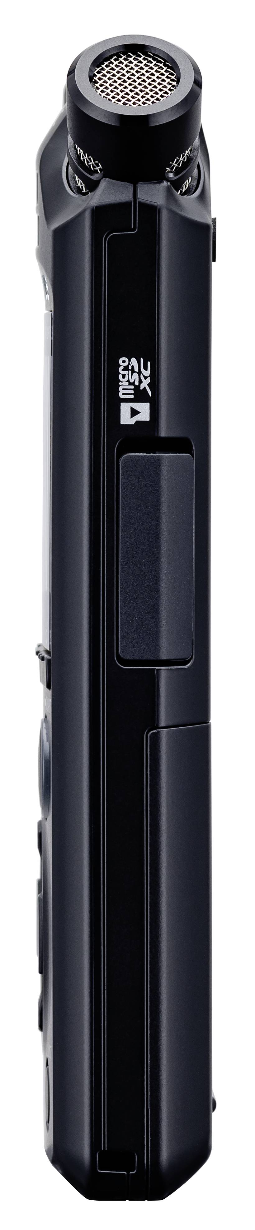 Zwarte draagbare audiorecorder in zijaanzicht, met knoppen en een microfoon bovenaan. Ideaal voor interviews of opnames onderweg.