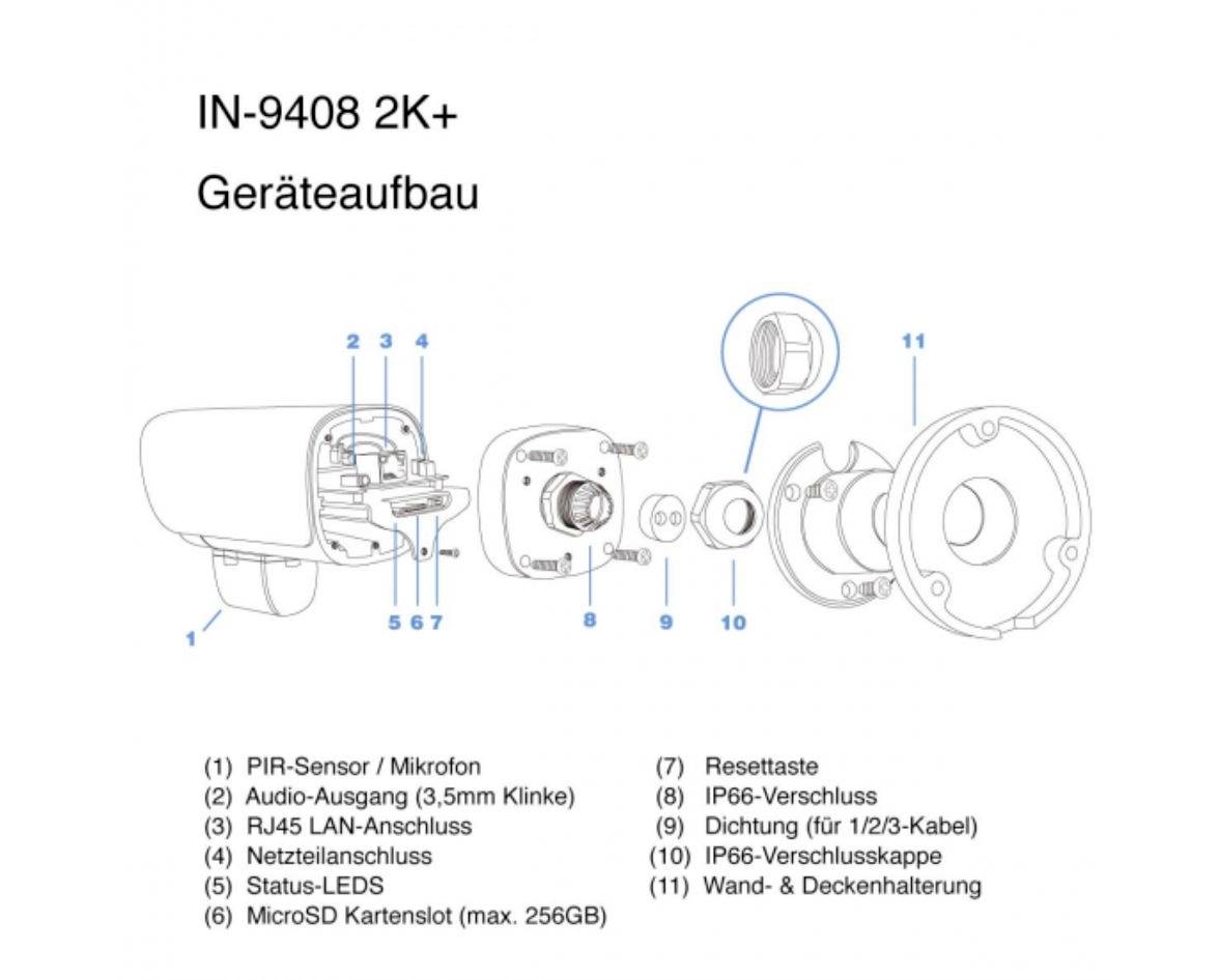 'IN-9408 2K+ Apparaatopbouw.' Ontploffingstekening van een camera met nummering en aanduiding van componenten, zoals PIR-sensor, microfoon, audio-uitgang, reset-knop en meer.
