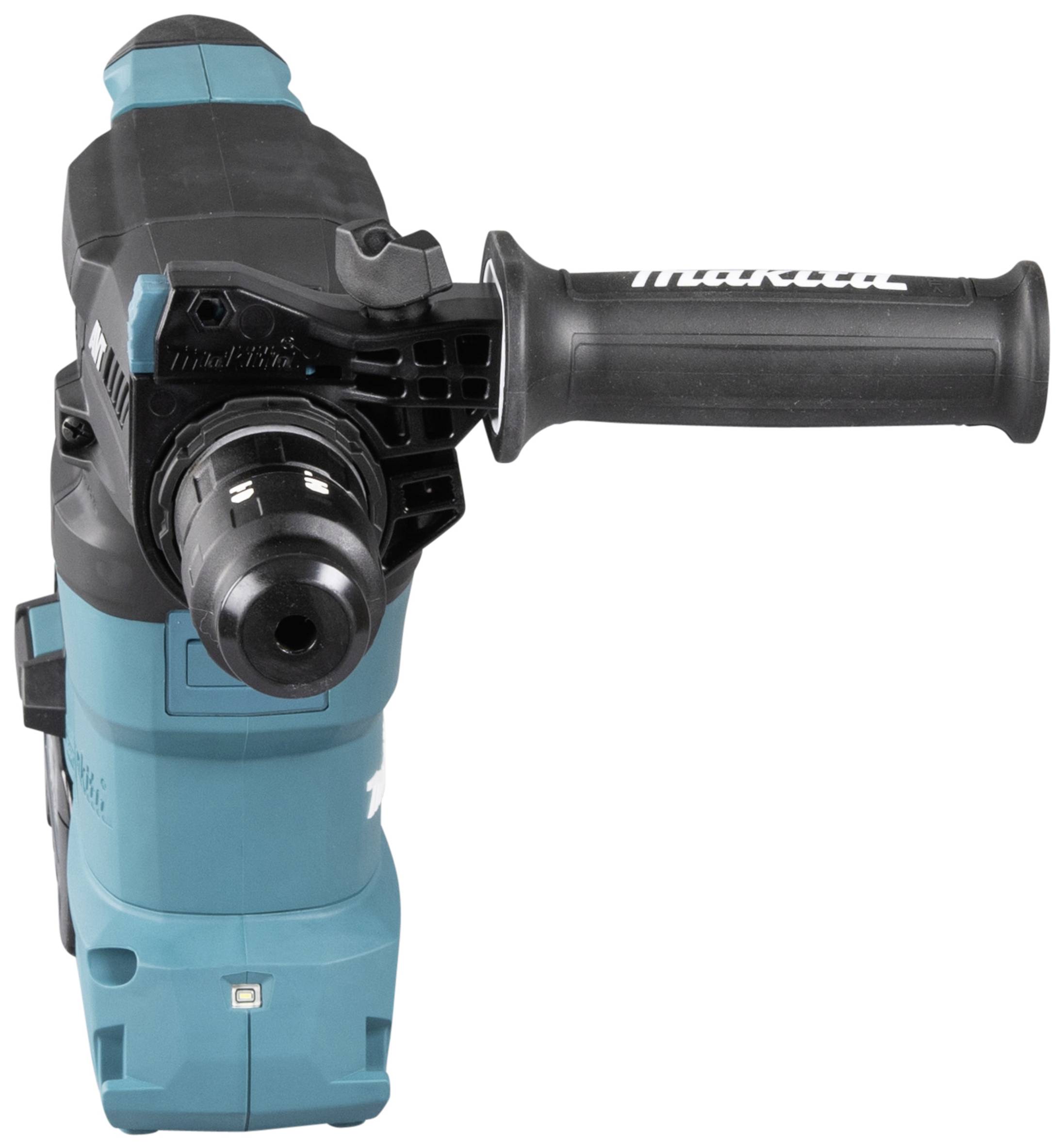 Een blauwe en zwarte boorhamer met een lange handgreep en een boorconstructie, geschikt voor zware boorwerkzaamheden.