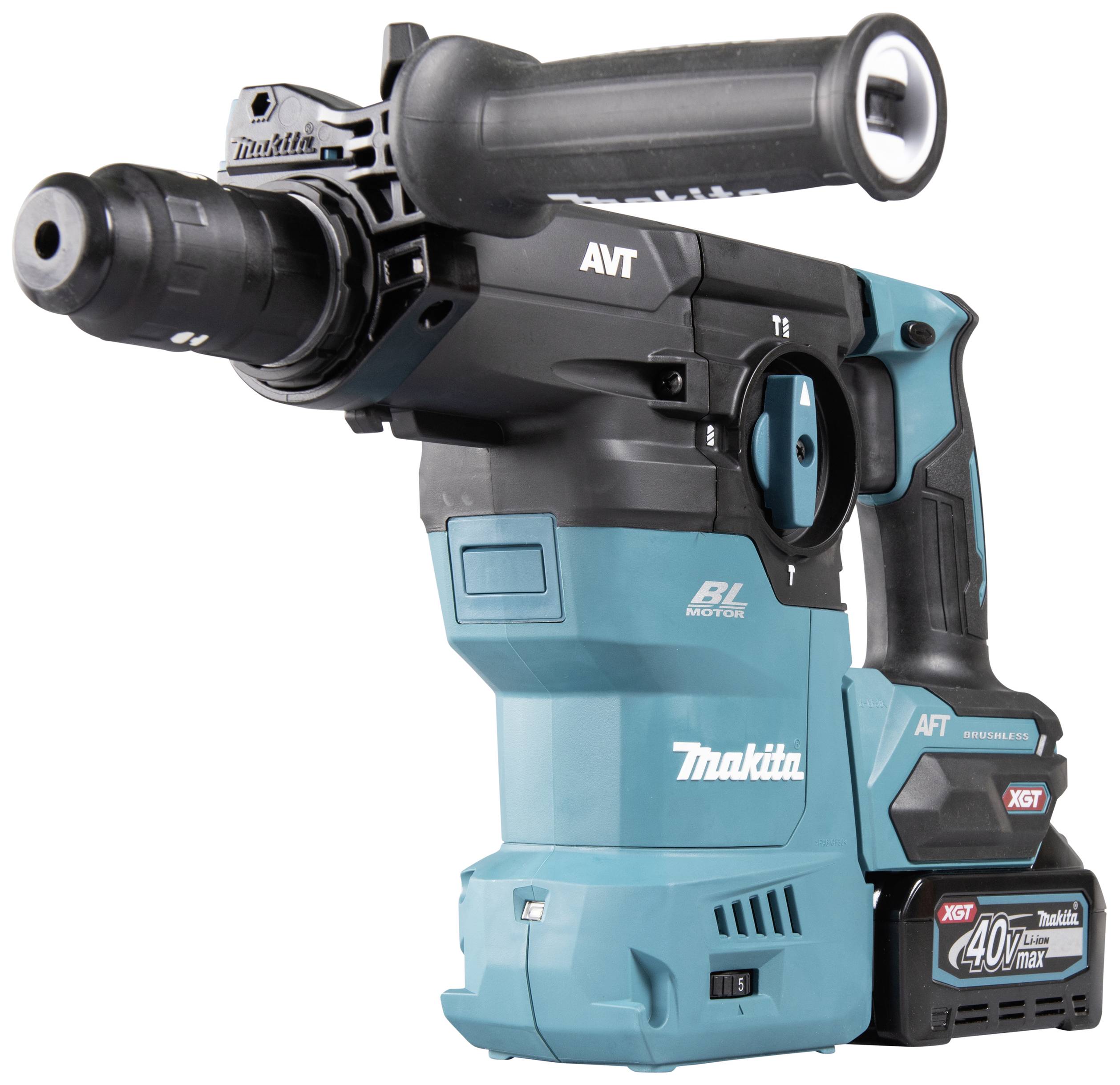 Accusboormachine in turkoois en zwart van het merk Makita. Uitgerust met een ergonomische handgreep, geschikt voor zware boorwerkzaamheden.