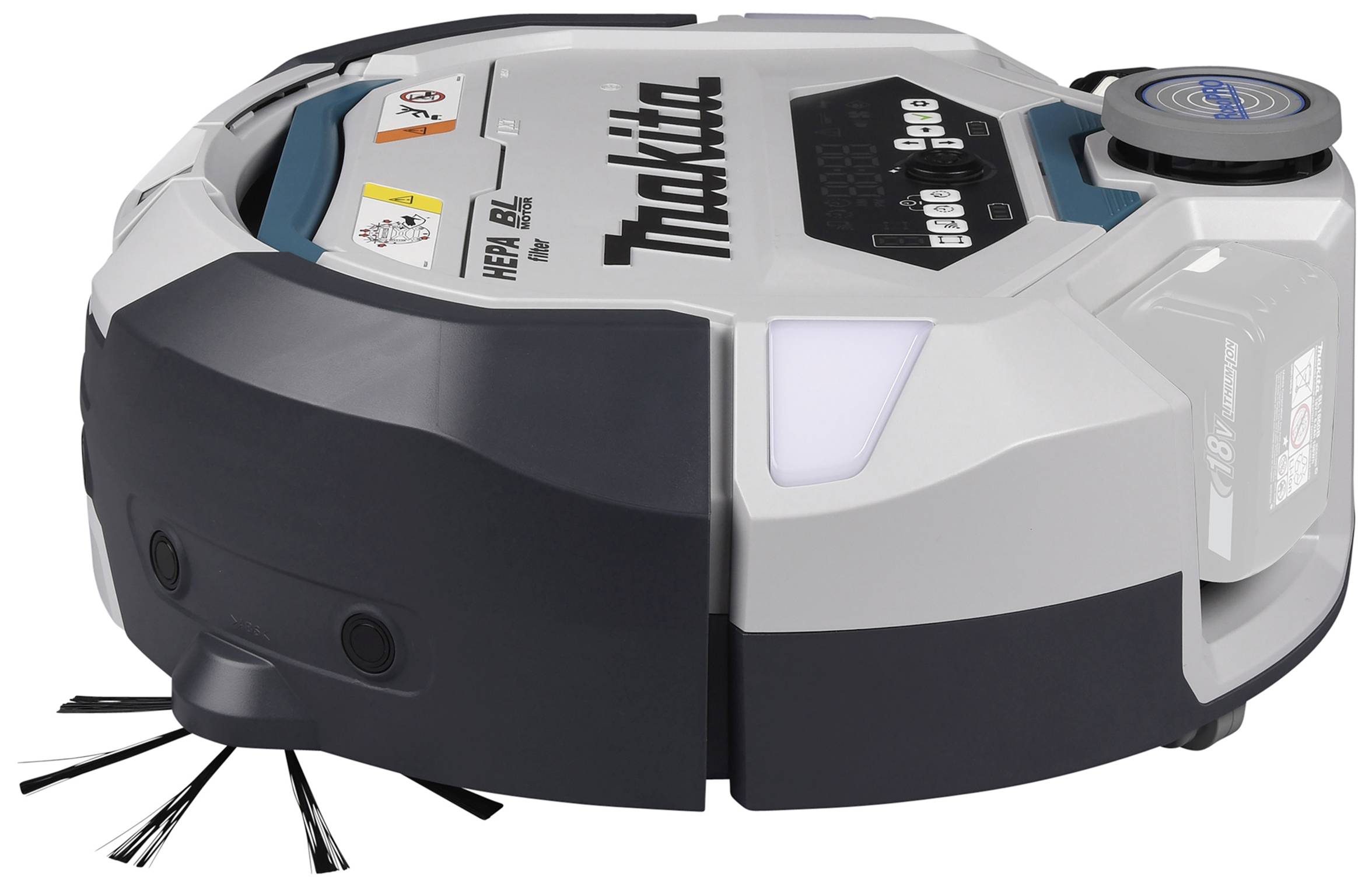 Een zilver-zwarte robotstofzuiger op een witte achtergrond met zichtbare borstels en merklogo bovenaan.