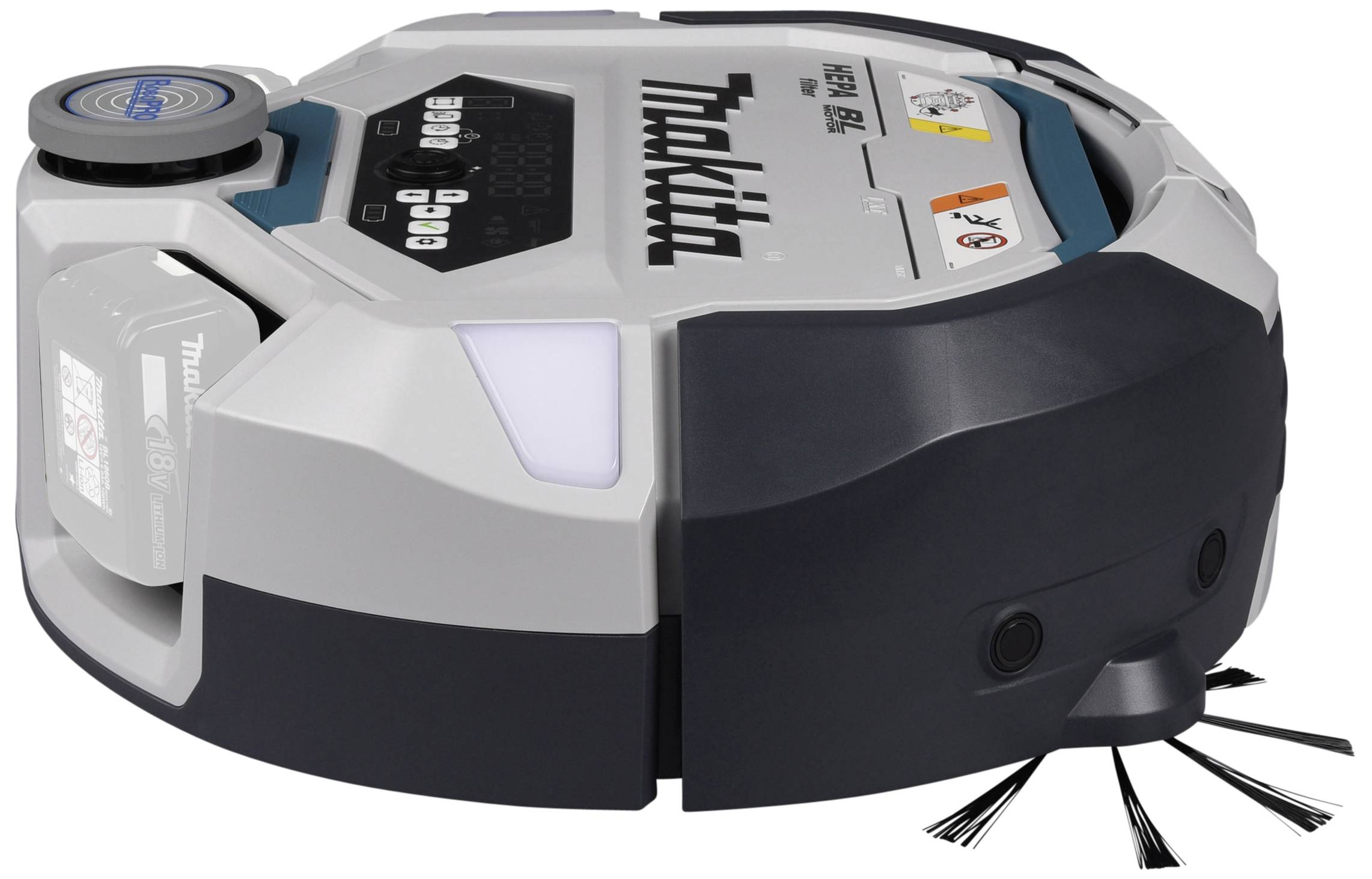 Een wit en zwarte robotstofzuiger met zijborstels en bedieningselementen bovenop het oppervlak.