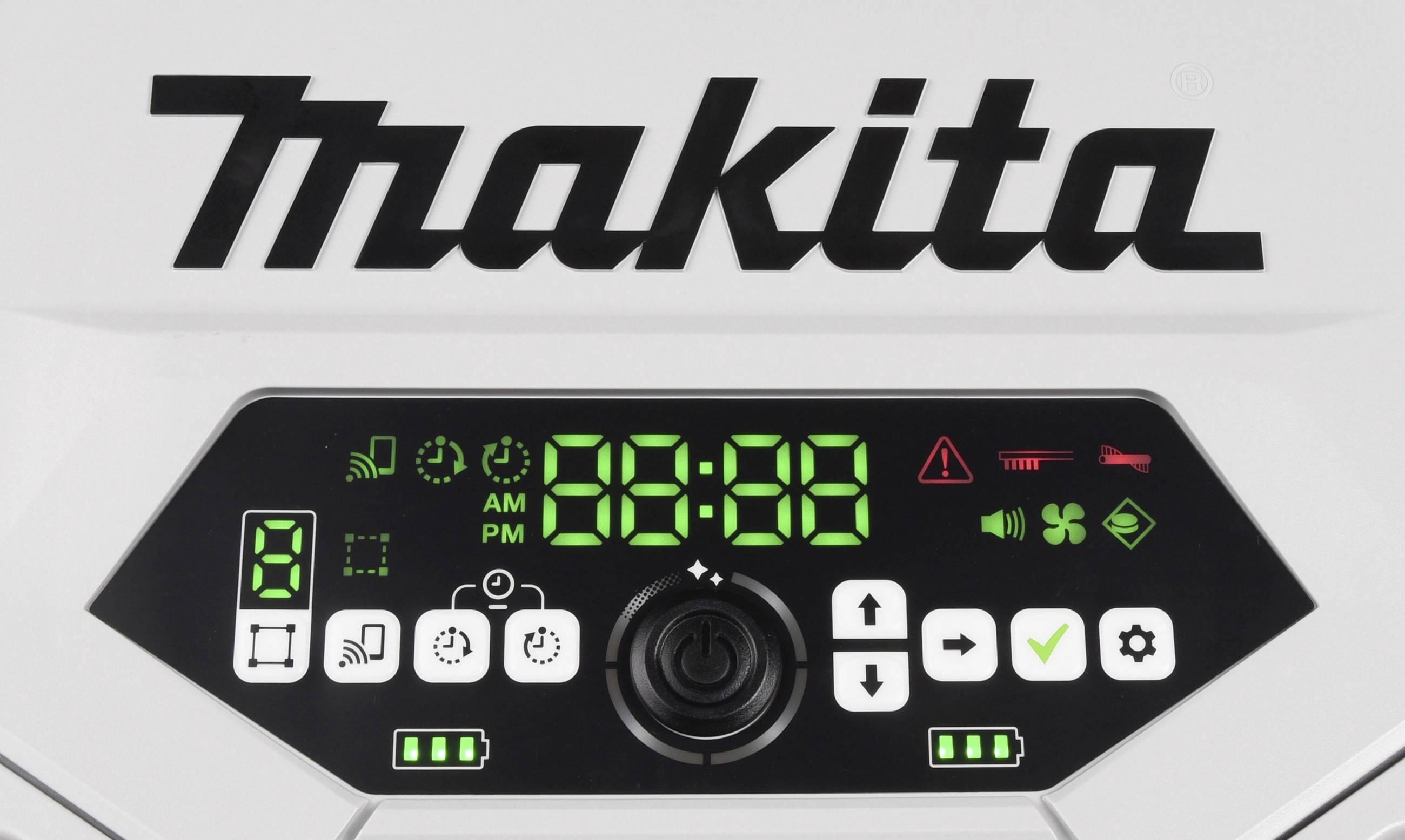 'Makita'-logo boven een display met groene symbolen en instellingstoetsen; toont de tijd '88:88'.