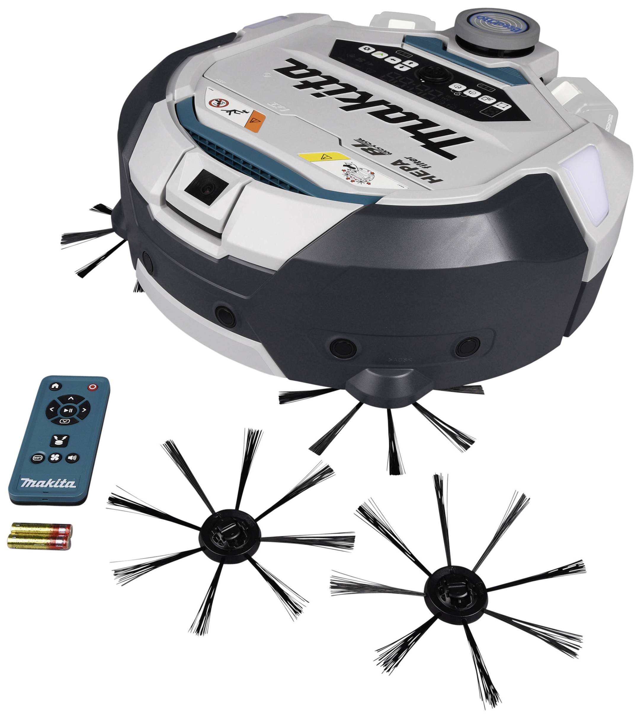 Een ronde stofzuigrobot met twee zijborstels en een afstandsbediening, weergegeven voor een witte achtergrond.