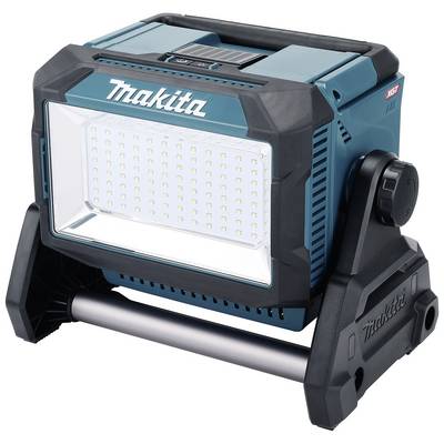 Een draagbare, blauwe LED-schijnwerper met zwarte behuizing op een draaibare voet.