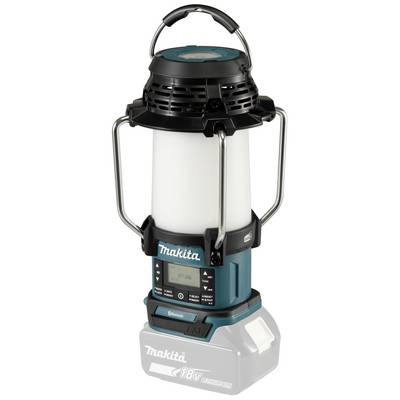 Accustoegevoerde werkverlichting met cilindrische behuizing, metalen beugels en handgreep. Toont merknaam en biedt verschillende verlichtingsfuncties.