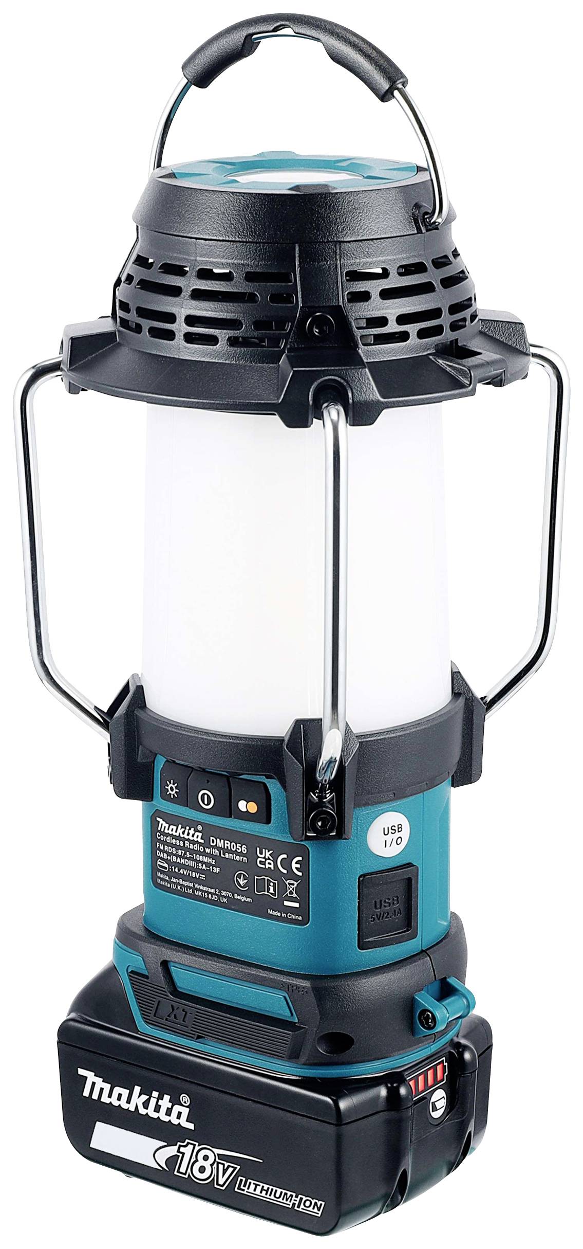 Accugestuurde LED-lantaarn met draaggreep en stevig behuizing. Makita 18V Li-Ion-accu geeft technische details en laadstatus weer.