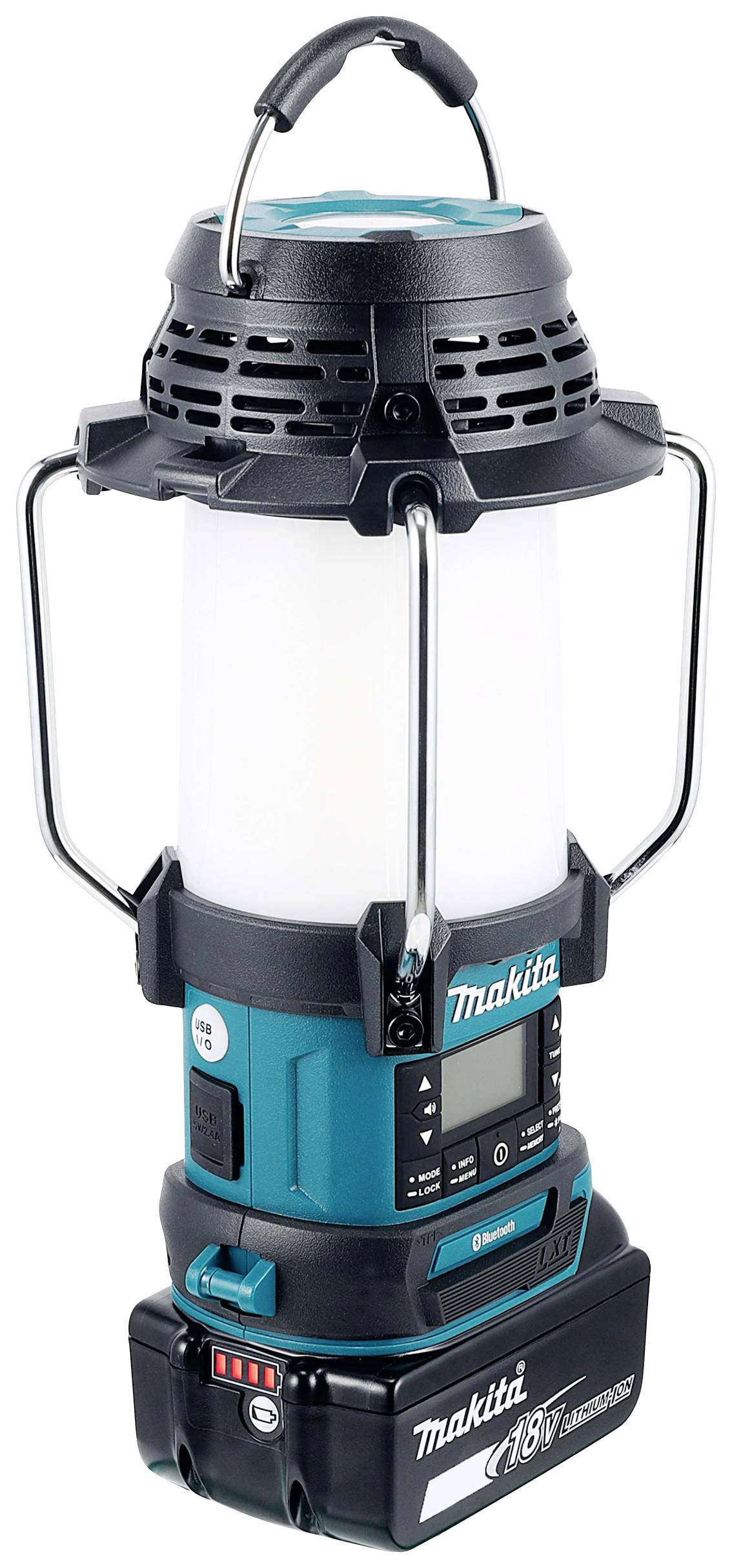 Een draadloze werklamp met handgreep, geschikt voor verschillende werkomgevingen, toont het merklogo en de bedieningselementen.