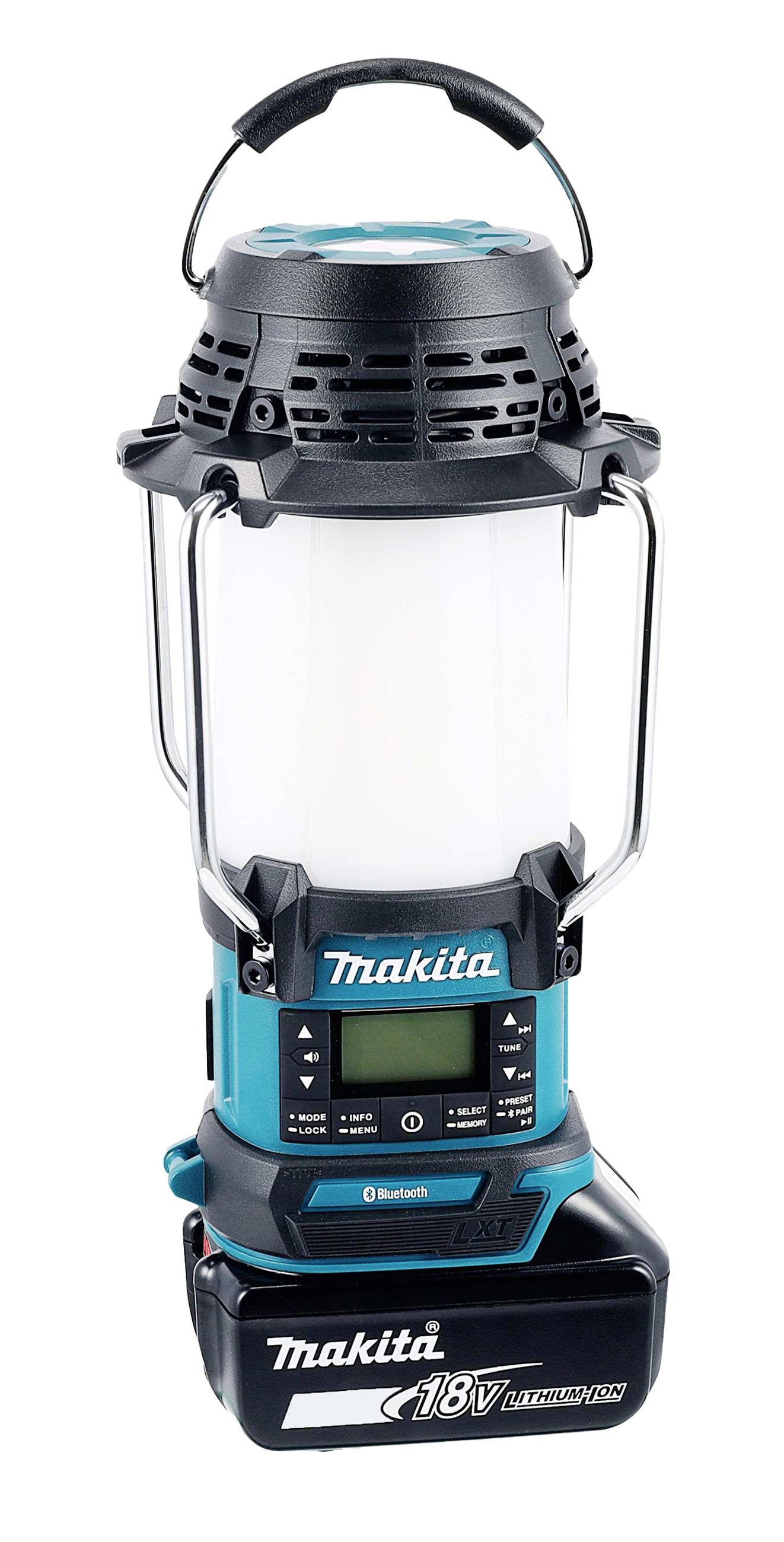 Draagbare, op batterij werkende LED-lamp van Makita met handgreep en robuust ontwerp, ideaal voor bouwplaatsen of buitenactiviteiten.