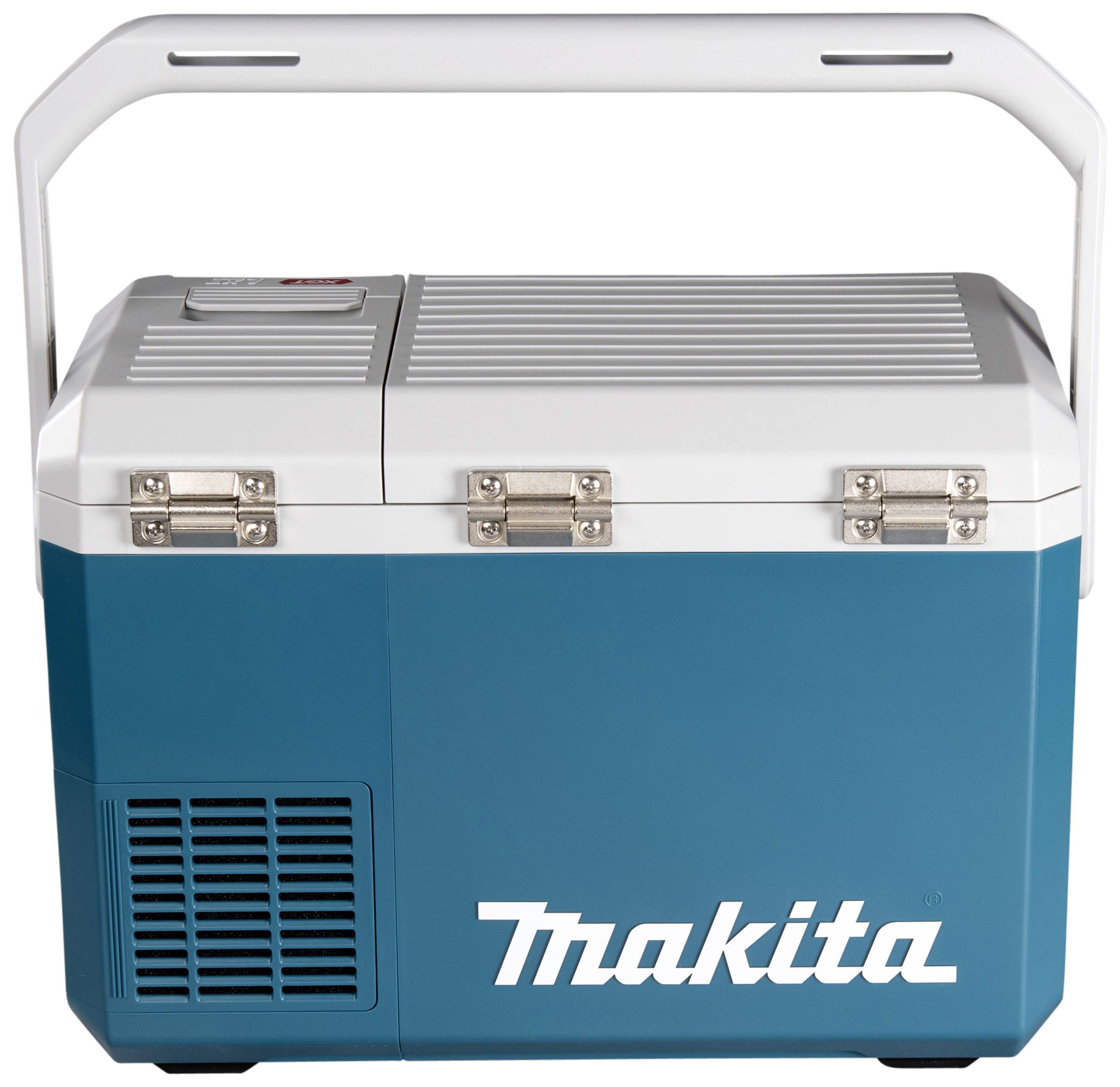 Een blauwe en witte elektrische koelbox met het opschrift 'Makita' op de voorkant en een stevig handvat bovenaan.