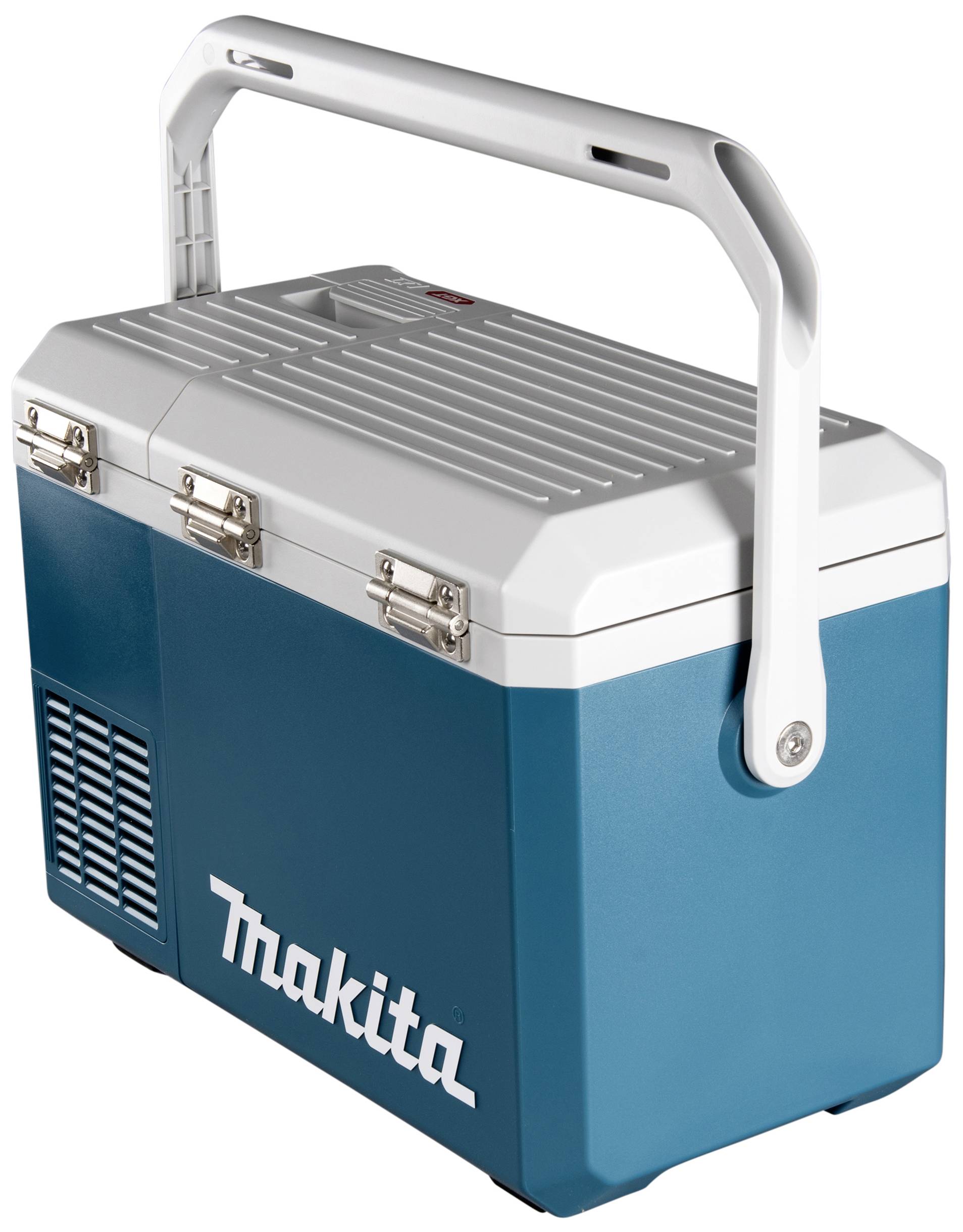 Een blauwe draagbare koel- en warmhoudcontainer met een witte deksel en handgreep. Merknaam 'Makita' in het wit aan de zijkant.