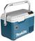 Een blauw-witte draagbare koelbox met een handvat. Merknaam 'Makita' op de voorkant. Geschikt voor buitenactiviteiten.