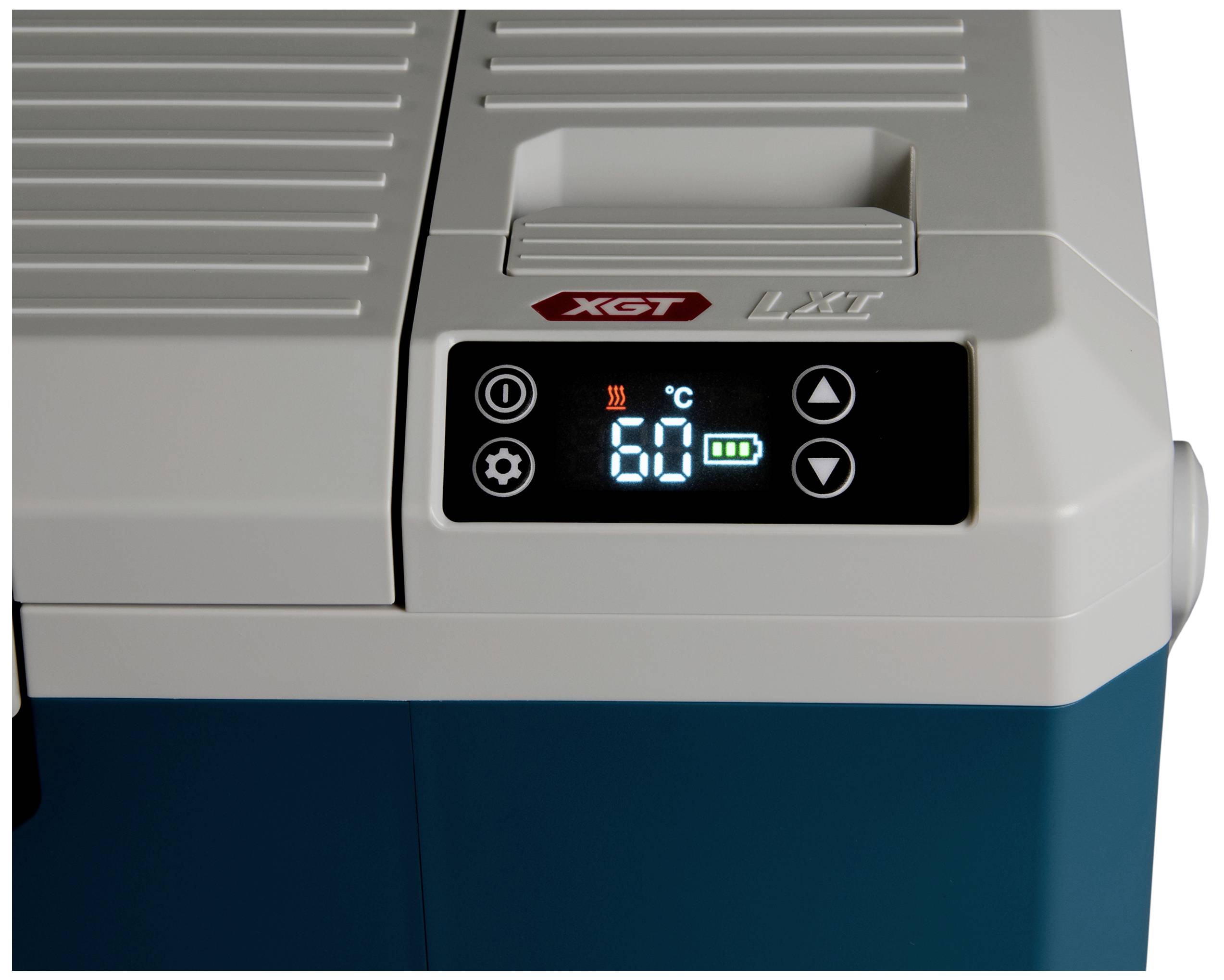 Een mobiele koelkast met een digitaal display dat '60°C' aangeeft, omringd door bedieningsknoppen en een rood XGT-label linksboven.