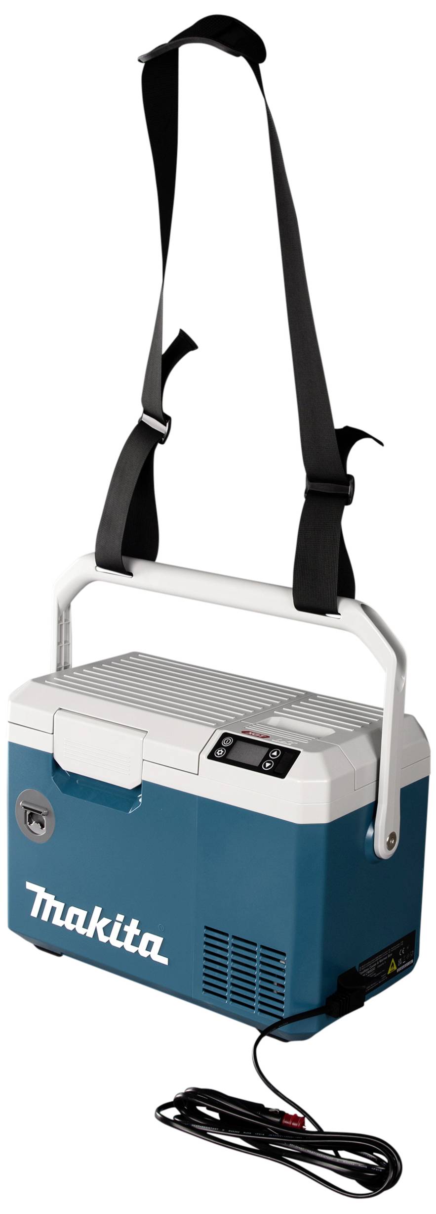 Draagbare blauwe koelbox met een witte oppervlakte, zwarte riem en kabel. Een bedieningspaneel aan de voorkant toont temperatuur en instellingen.