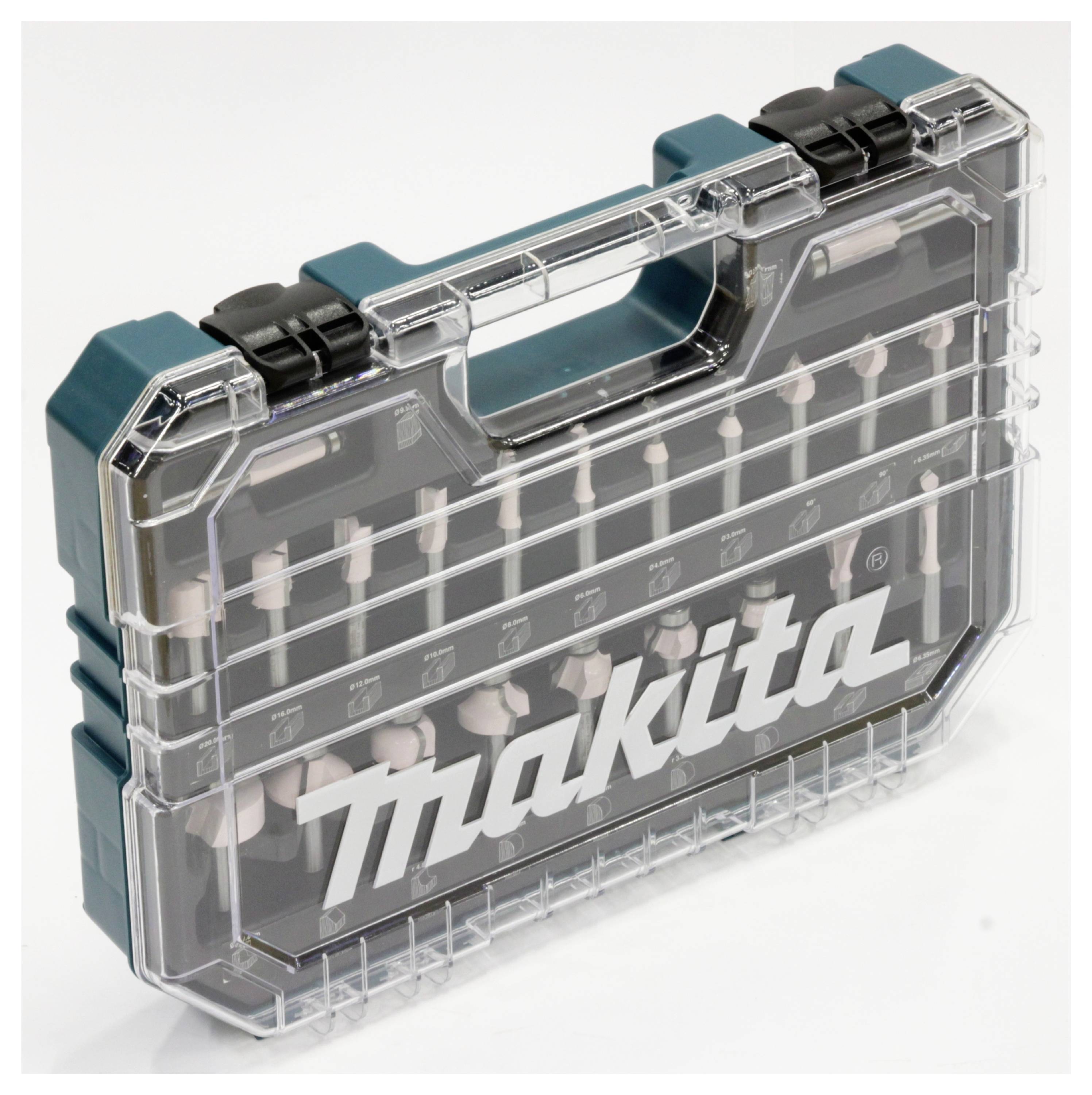 Een transparante gereedschapskoffer met het opschrift 'Makita', gevuld met meerdere bits en schroefboormachines.