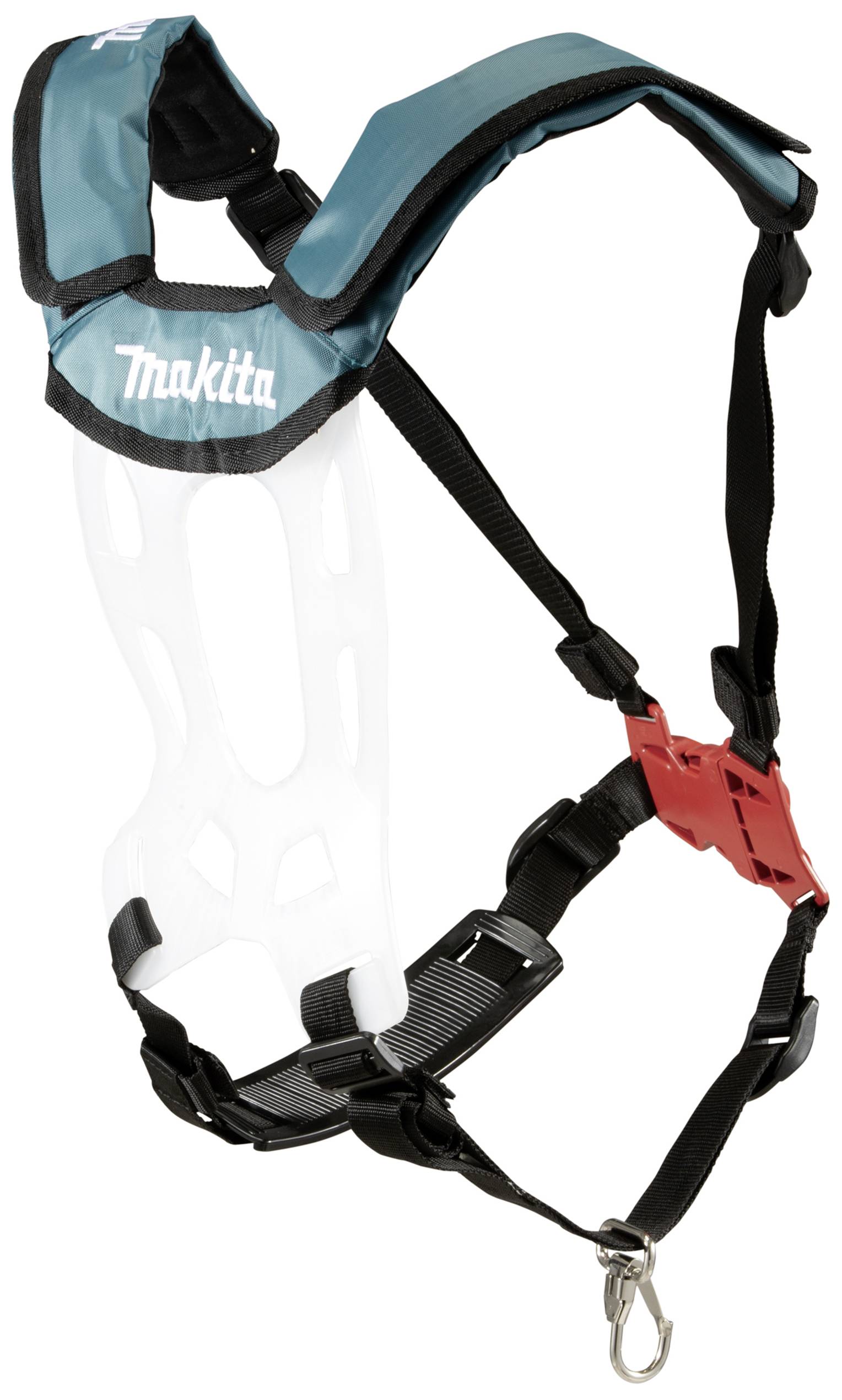 Een turquoise-zwarte veiligheidsriem van Makita met verstelbare riemen en haken, geschikt voor gereedschapsdragers.