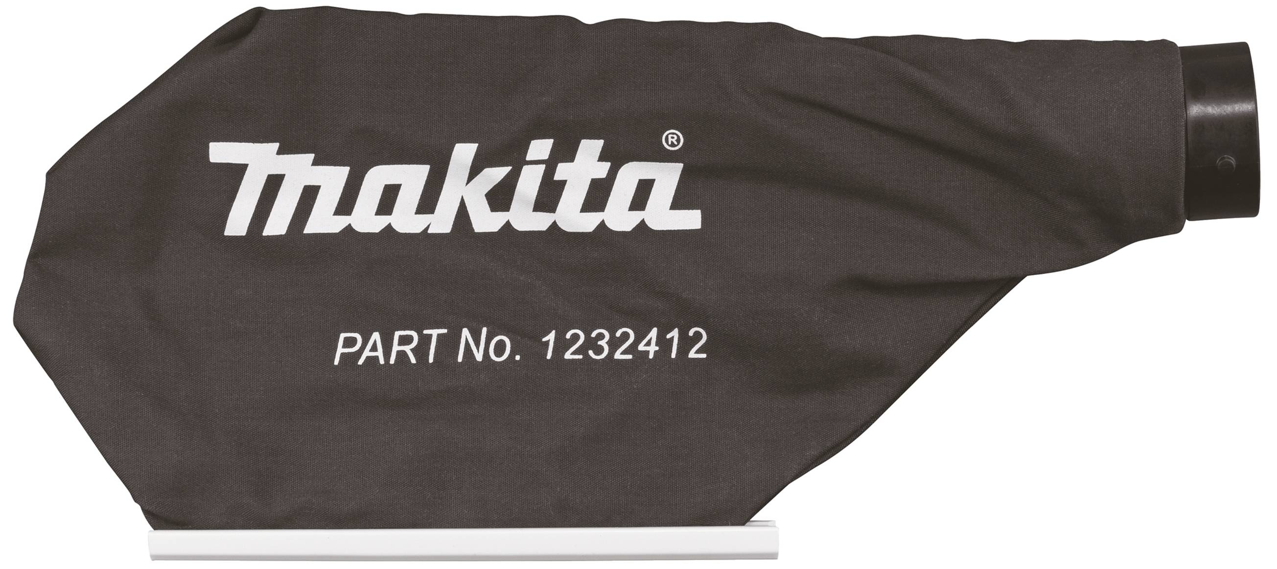Een zwarte stofopvangzak met het witte 'Makita' logo en het onderdeelnummer '1232412' erop gedrukt.