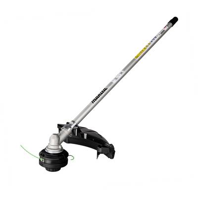 Grastrimmer met zilveren steel en zwart snijhoofd. 'Makita'-merk op de steel. Geschikt voor tuinwerkzaamheden en het afsnijden van gazonranden.