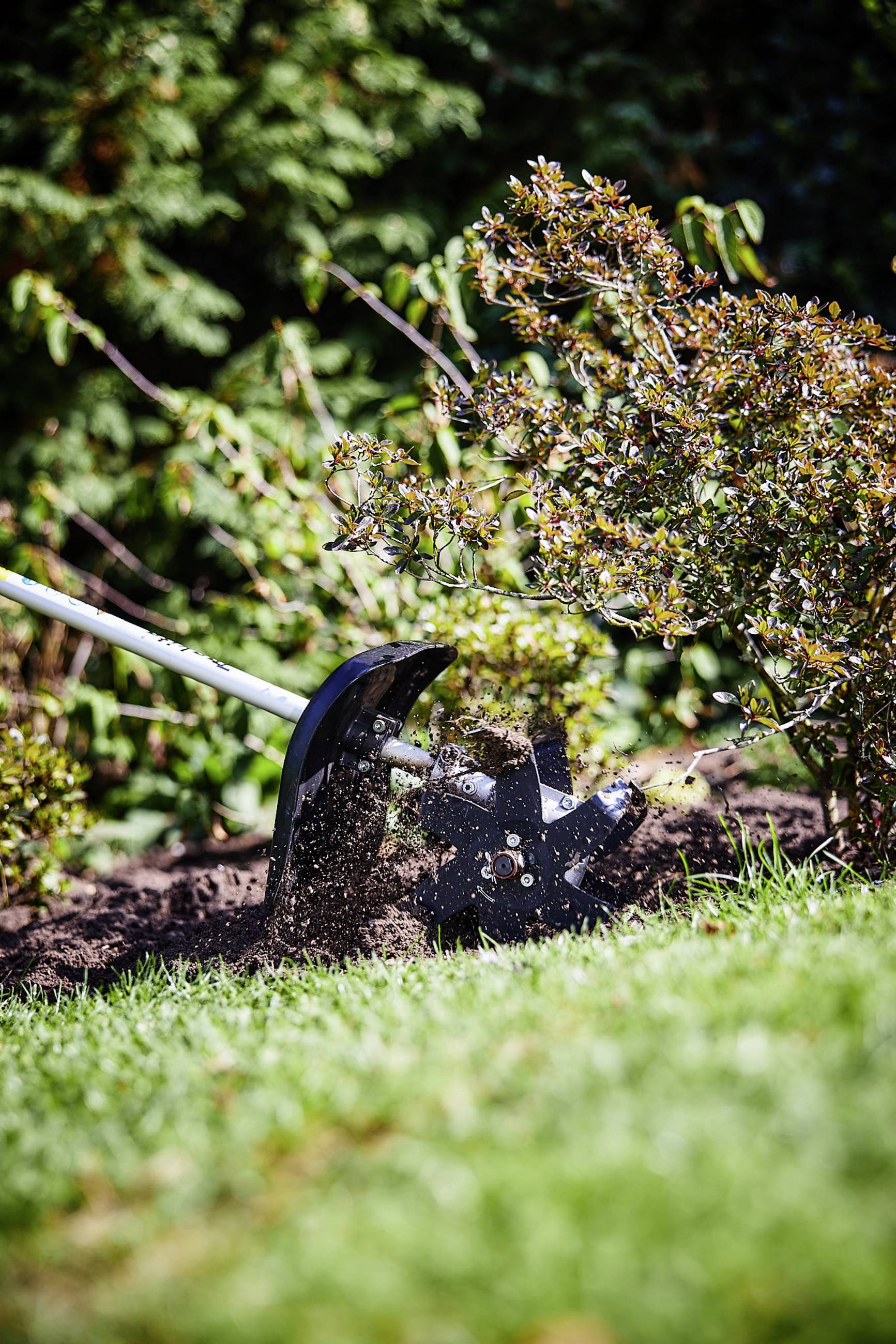 Een tuinfrees bewerkt de grond nabij een struik. Aarde wordt omhoog gegooid; op de achtergrond zijn groene planten te zien.