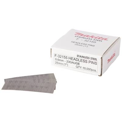 Een karton met de opdruk 'Makita Stainless F-32155 Headless Pins, 0,6 mm - 23 Gauge, 25 mm (1"), Aantal: 10.000 stuks' naast een rij spijkers.