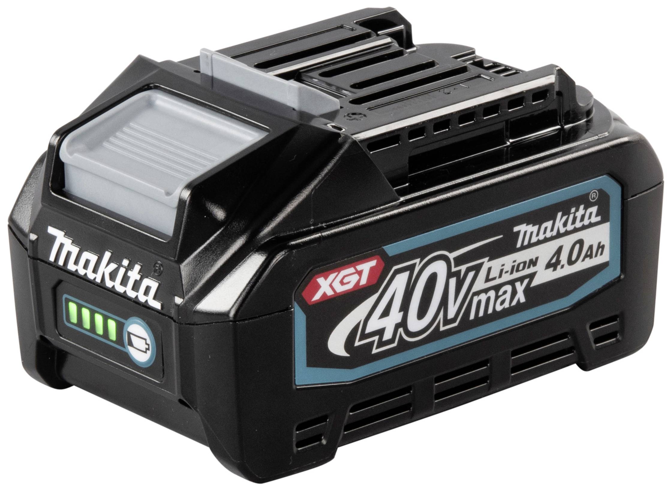 Een zwarte Makita XGT 40V Max Li-ion 4.0Ah accu. Aan de voorzijde bevinden zich vier LED's voor de laadstatus-indicatie.