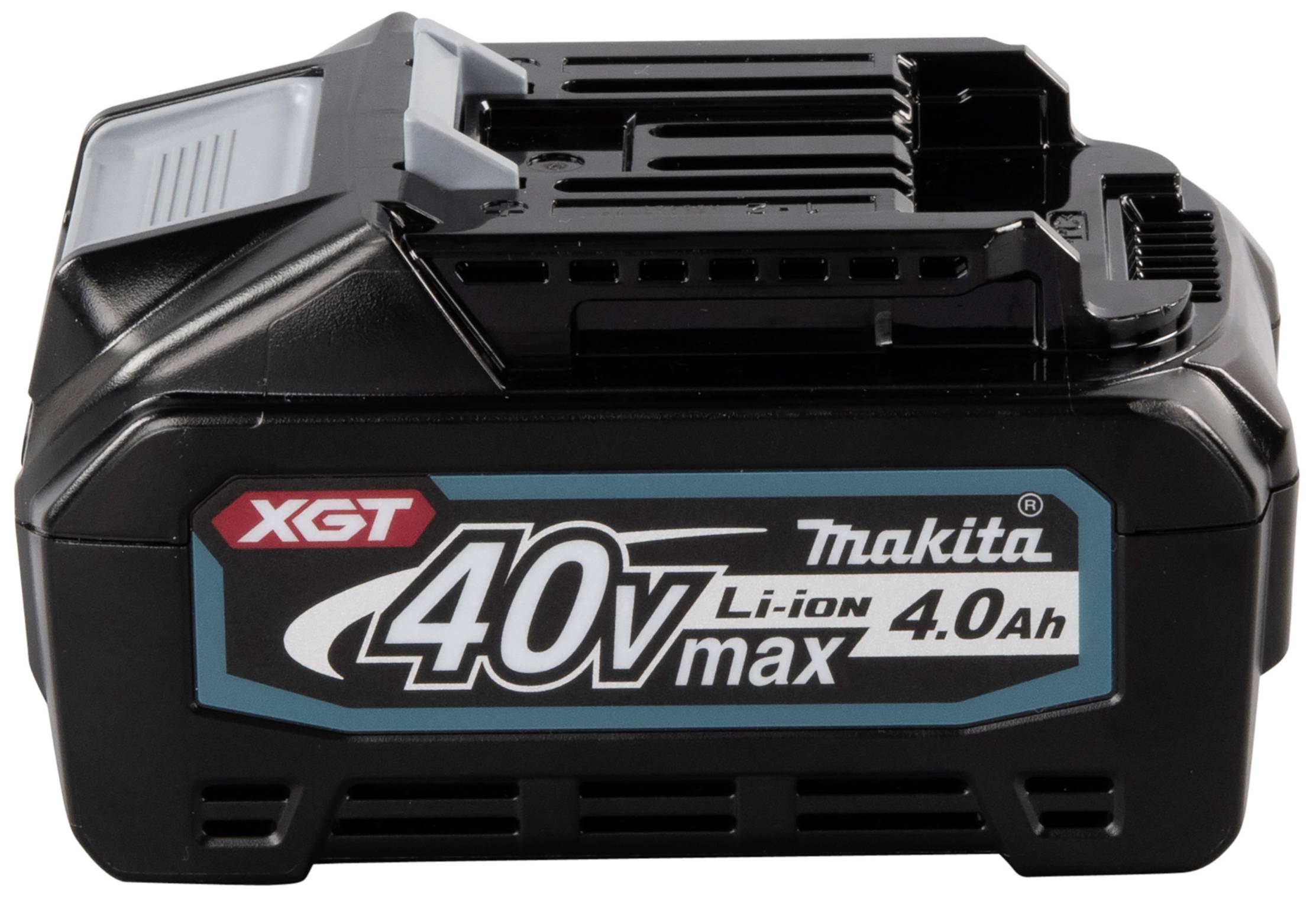 Zwarte Makita accupack met 40V max en 4,0 Ah capaciteit, geschikt voor krachtige gereedschappen en apparaten.