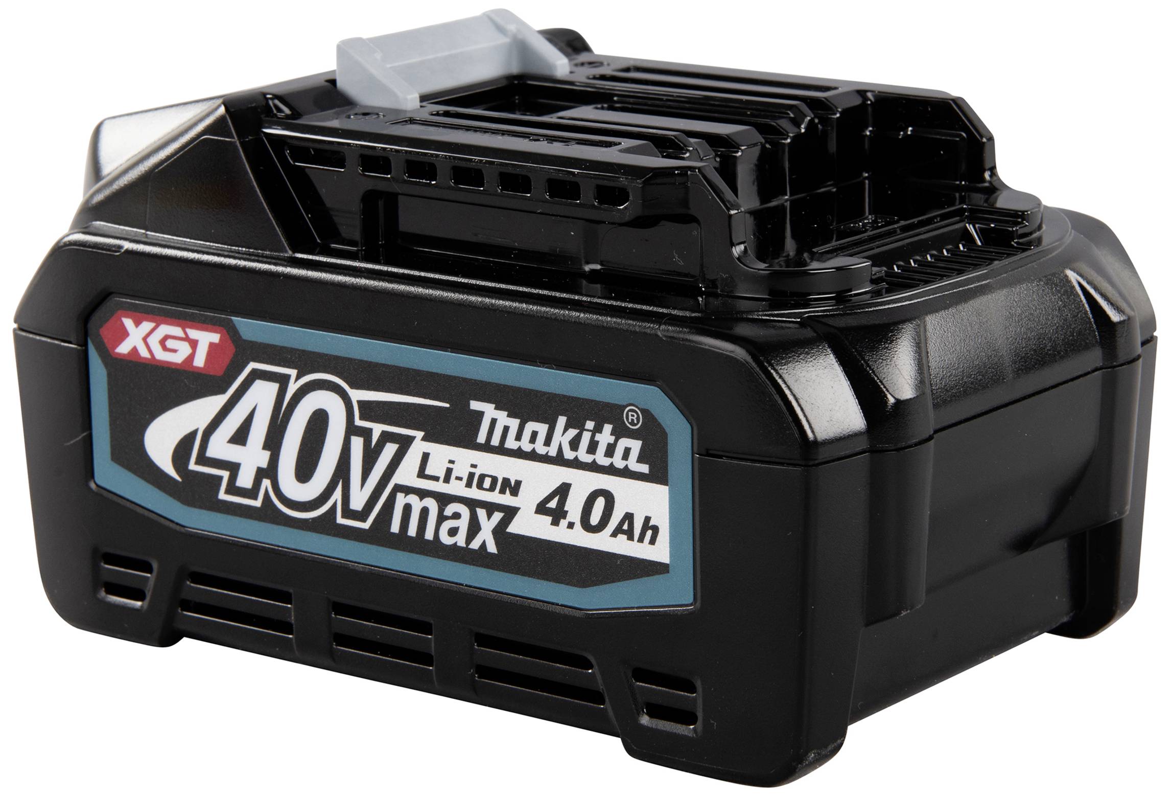 Makita 40V Max 4.0Ah Lithium-Ion accu uit de XGT-serie, geschikt voor elektrisch gereedschap, compact en zwart met blauwe opdruk.
