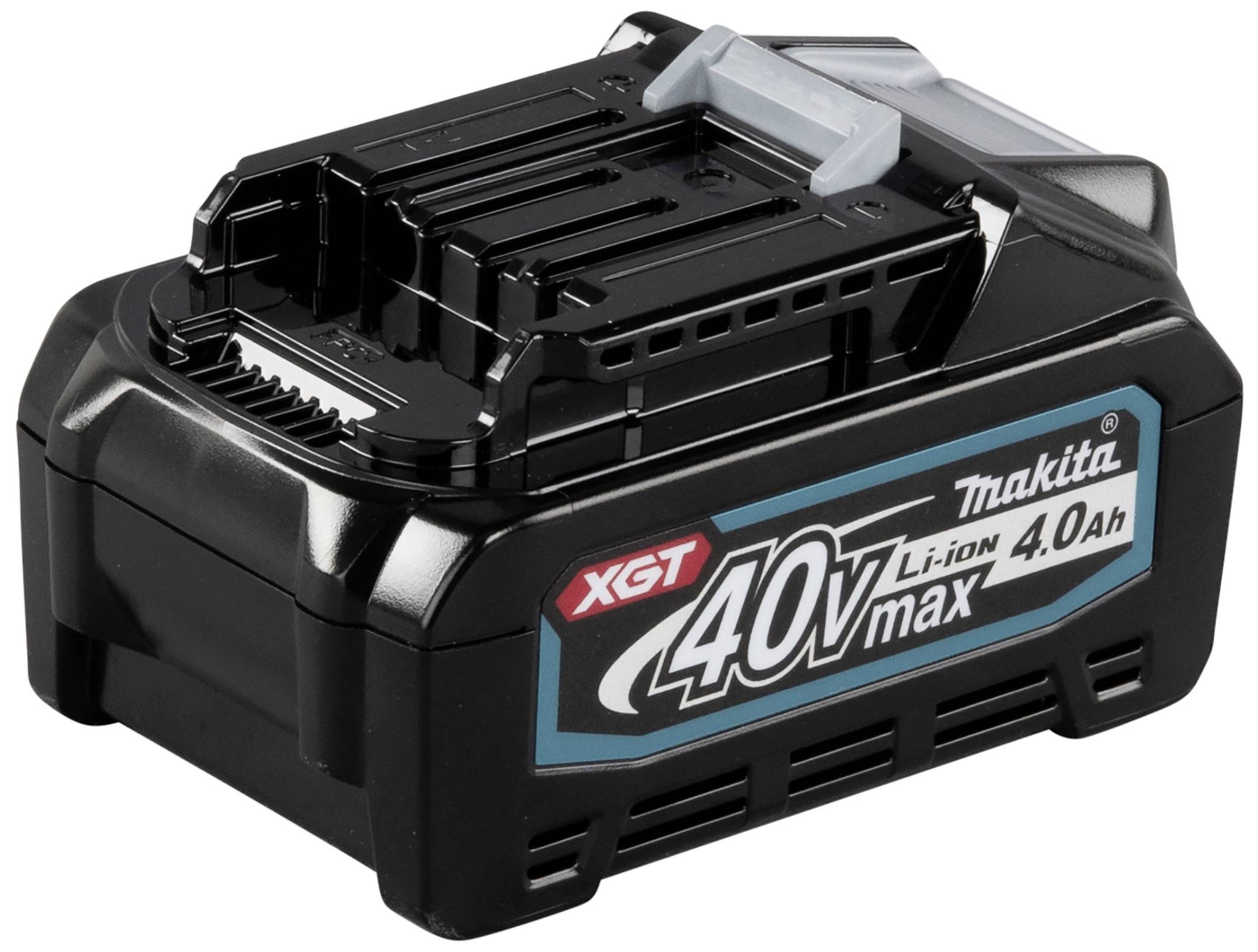 Zwarte Makita Lithium-Ion accu 40V met 4,0 Ah capaciteit, model XGT. Toont het productontwerp met merklogo aan de zijkant.