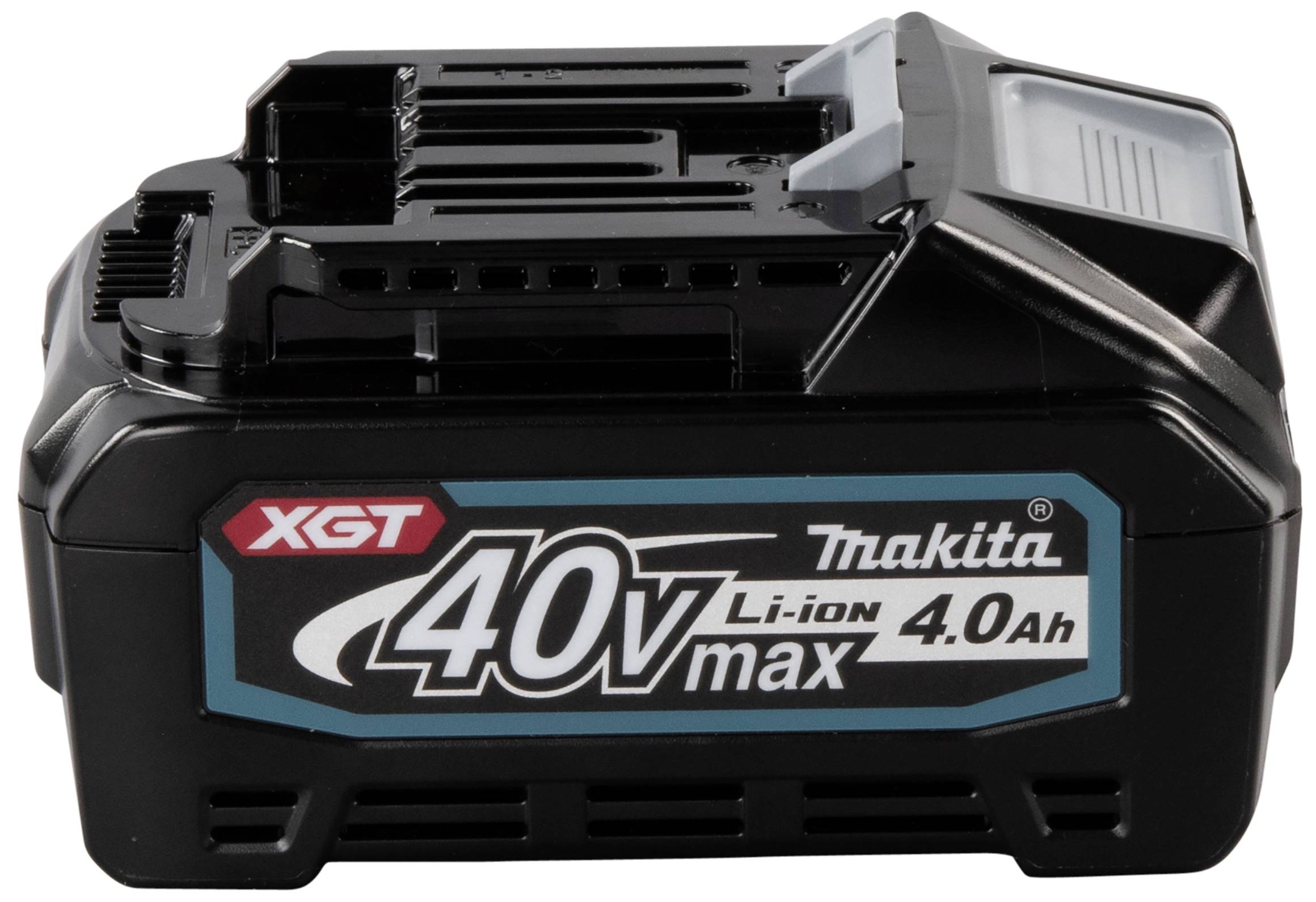 Makita 40V max 4.0Ah Li-Ion accu van de XGT-serie, zwart, met witte handgreep.