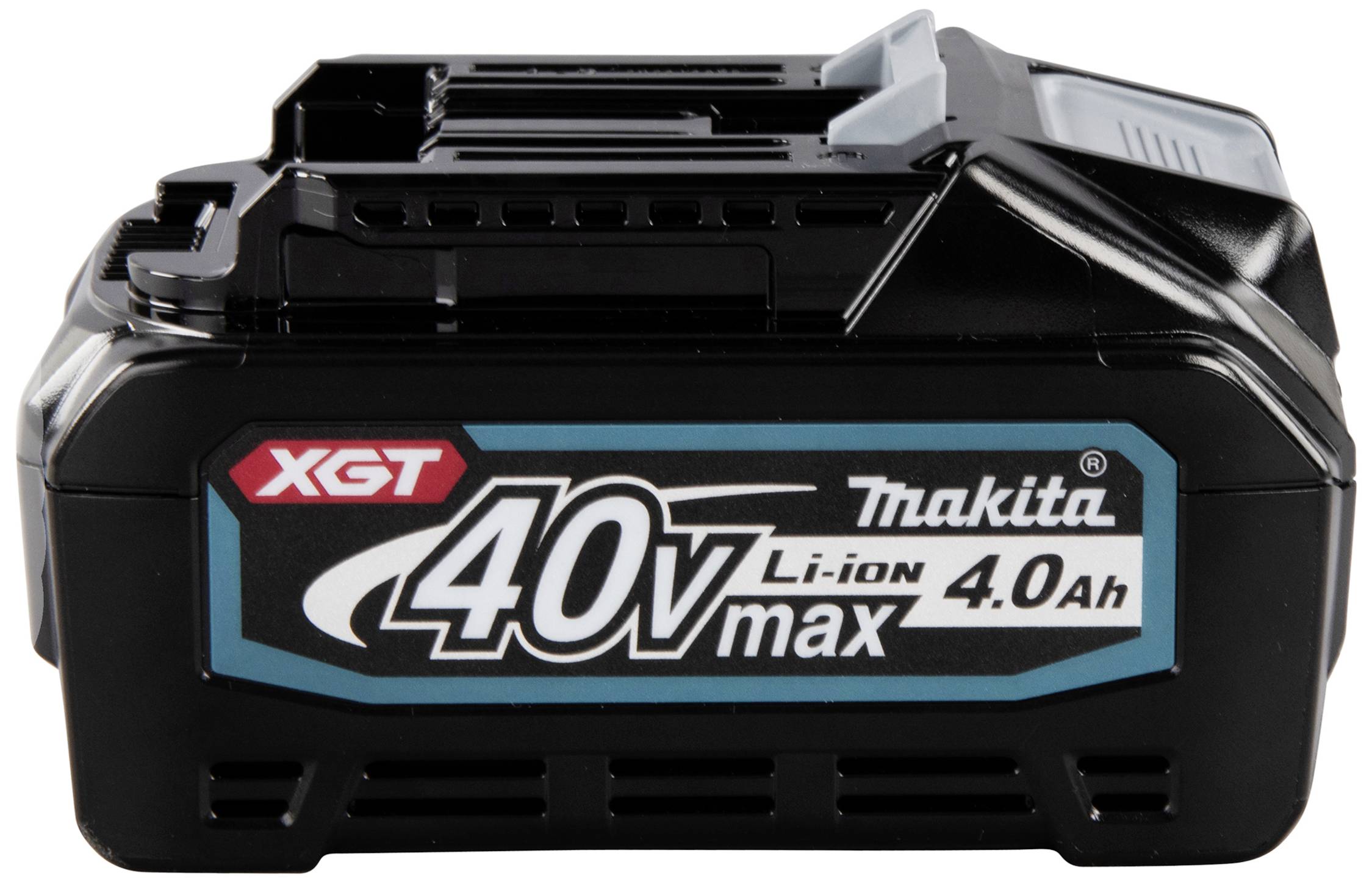 'Makita 40V max 4.0Ah Li-ion Accu' toont een krachtige, zwarte XGT-batterij voor elektrisch gereedschap met blauwe accenten.
