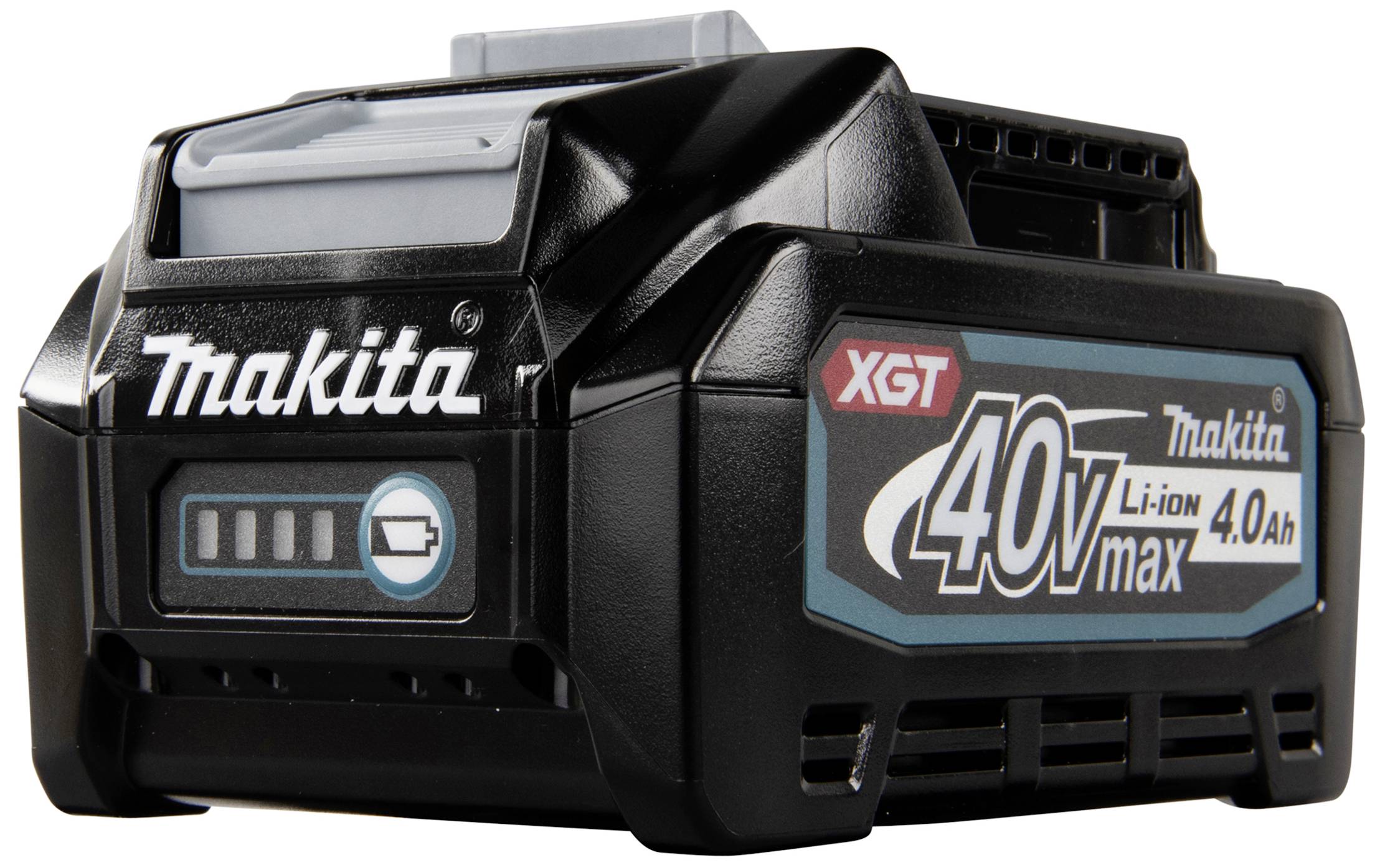 Een zwarte Makita XGT 40V max Li-Ion 4.0Ah accu. Opdruk toont batterijstatus LED's en merklogo.