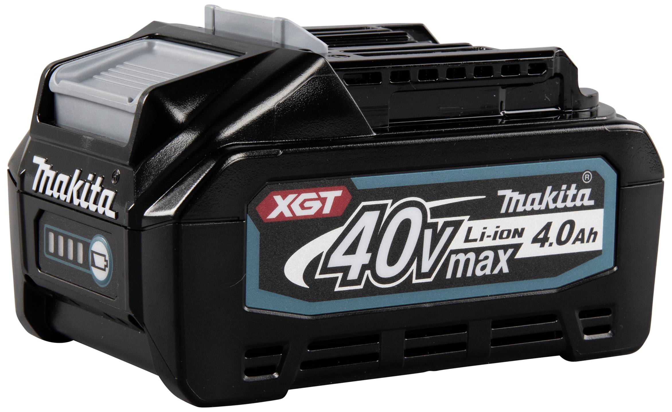 Accupack met opschrift 'Makita 40V max Li-ion 4.0Ah', zwart, compact, met laadstatus-indicator; geschikt voor krachtige gereedschappen.