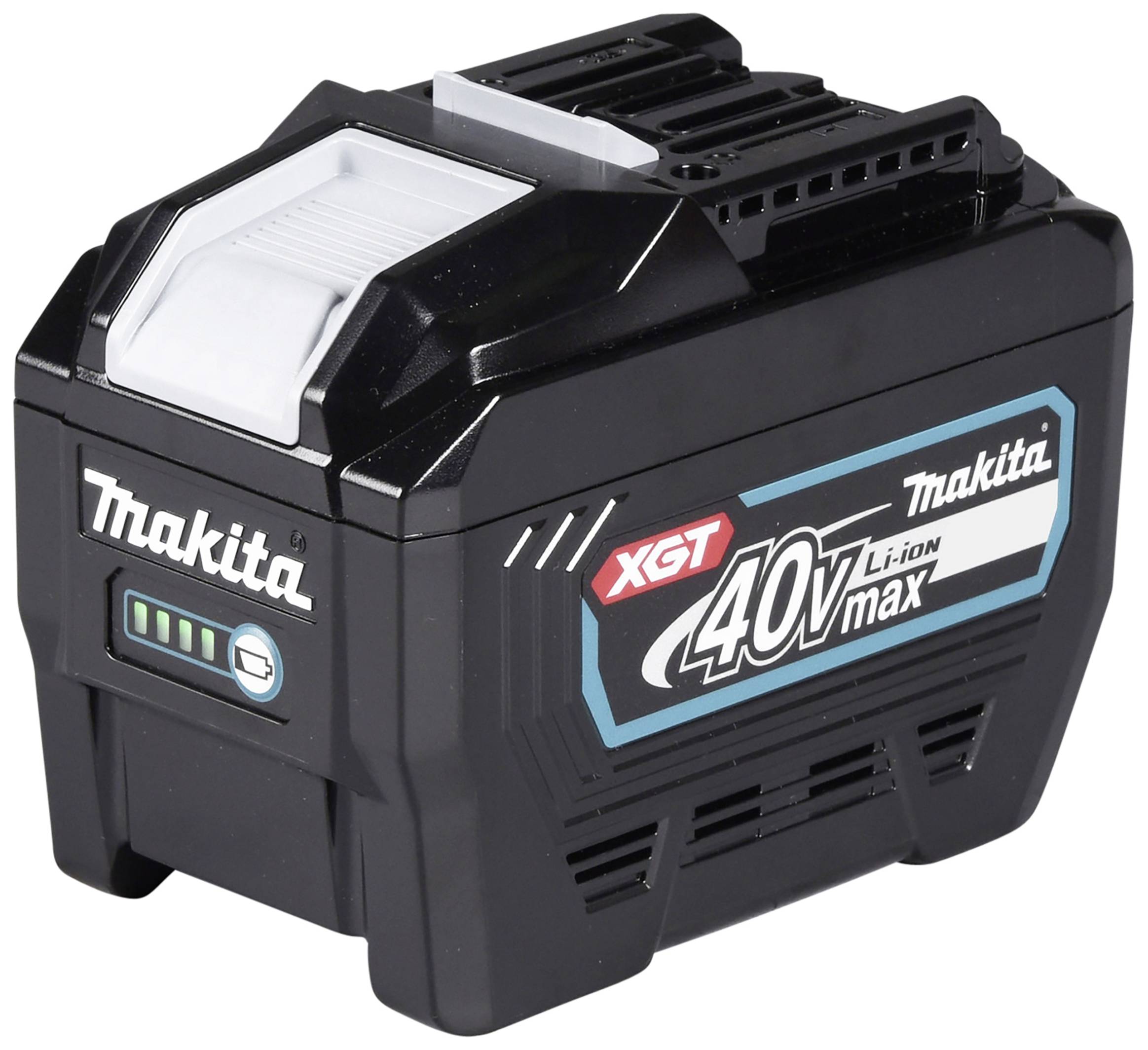 Zwarte Makita XGT 40V lithium-ion accu met laadstatus-indicator en merklogo.