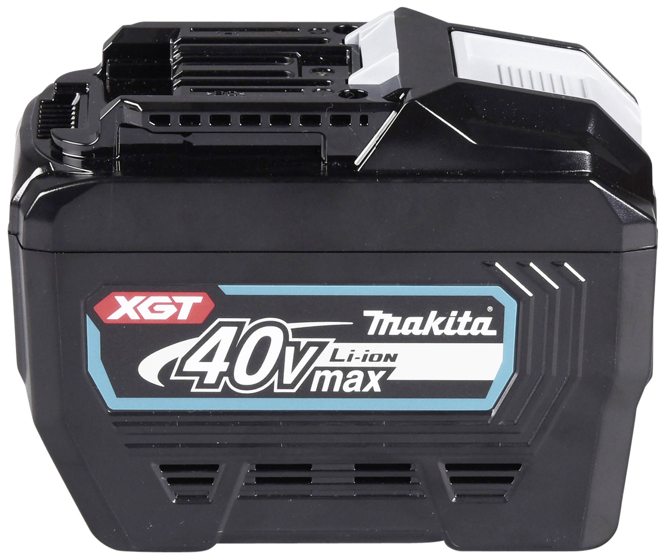Een zwarte accu met de opdruk 'XGT 40V Max Makita Li-ion'. Ontworpen voor gebruik in elektrisch gereedschap, biedt hij hoge prestaties.