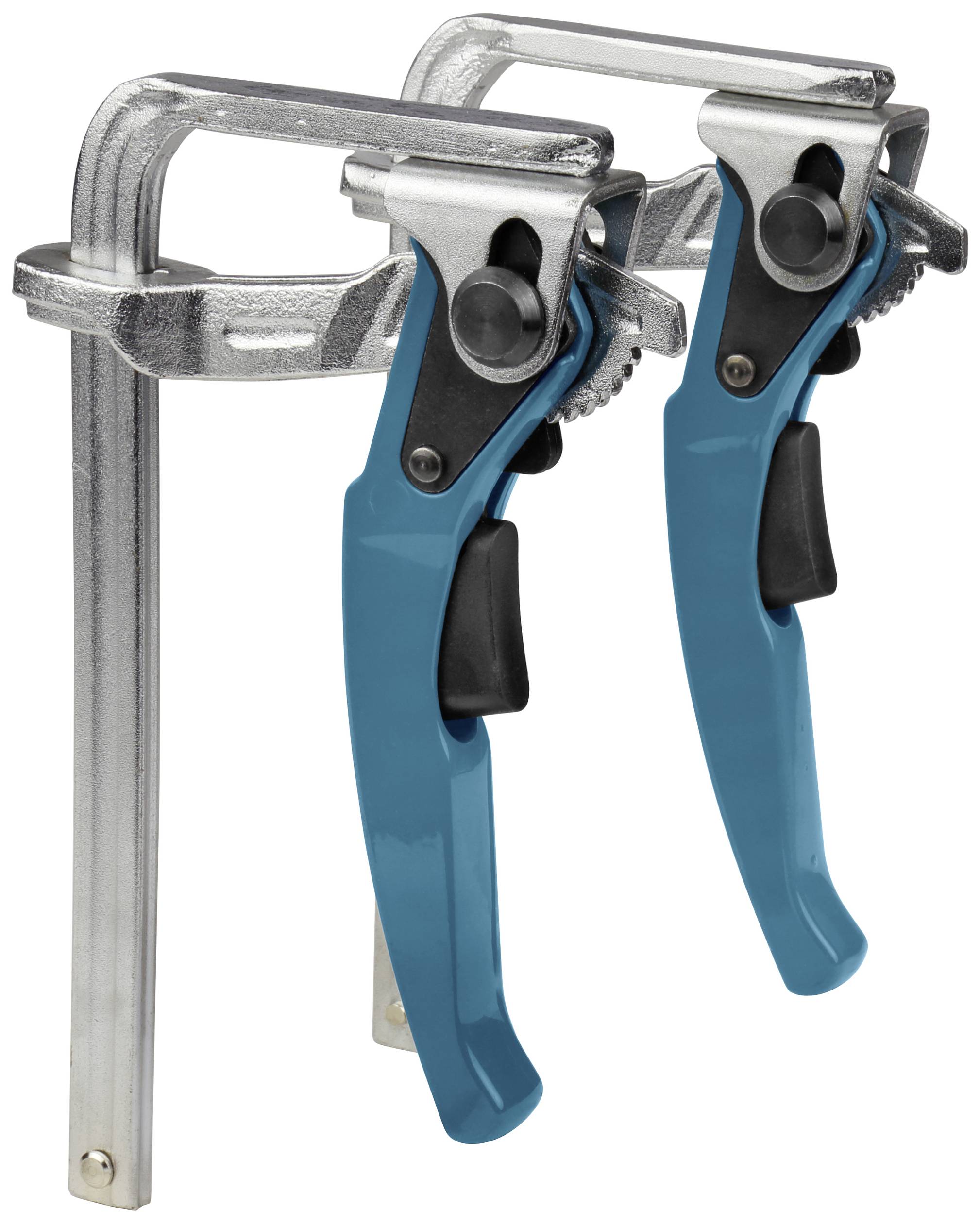 Twee blauwe metalen snelklemmen naast elkaar, met zwarte handgrepen en een draaimechanisme voor het vastzetten van werkstukken.