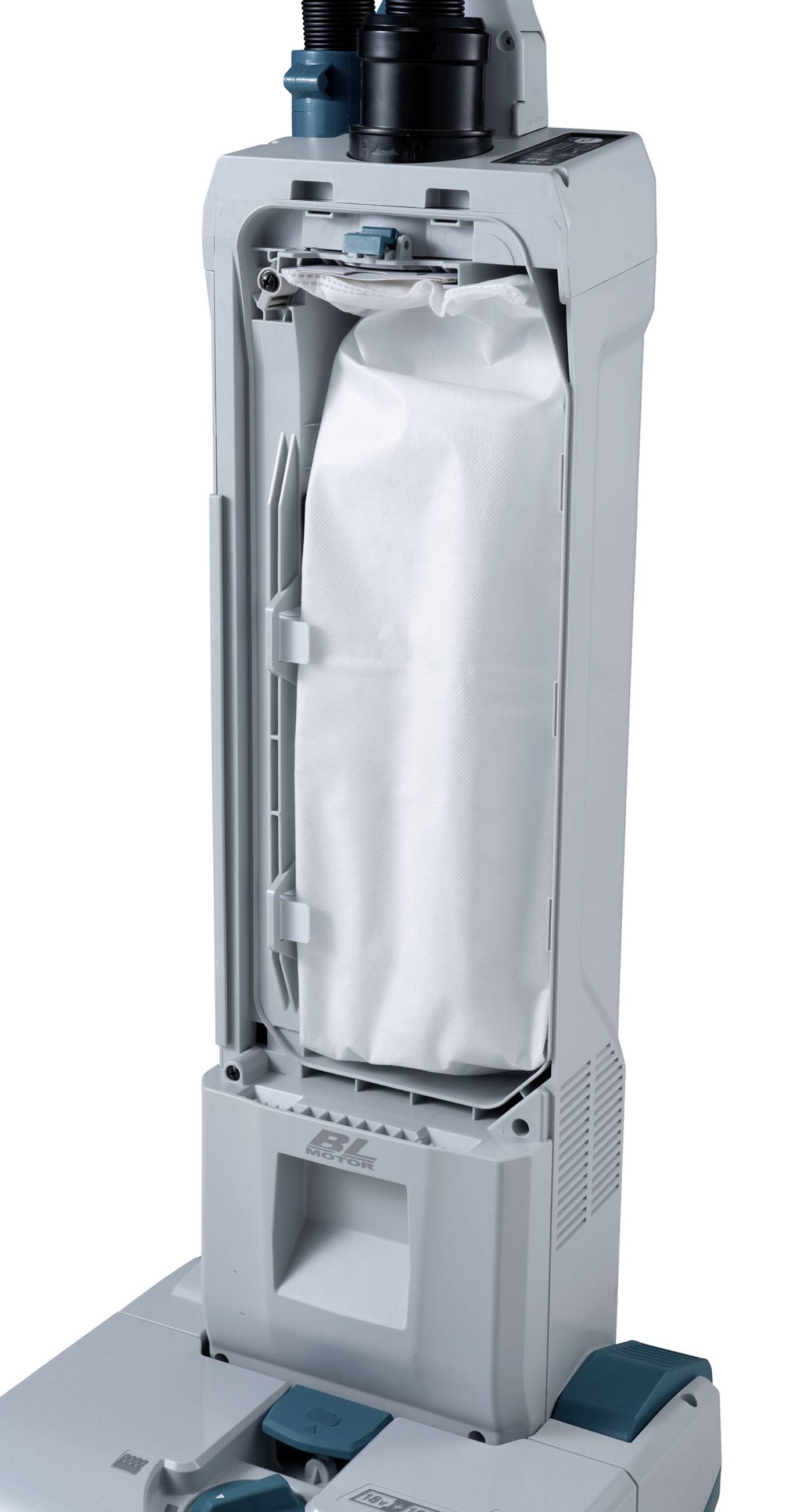 Industriële stofzuiger met open behuizing toont binnenzak; geschikt voor grootschalige reiniging in bedrijfspanden.